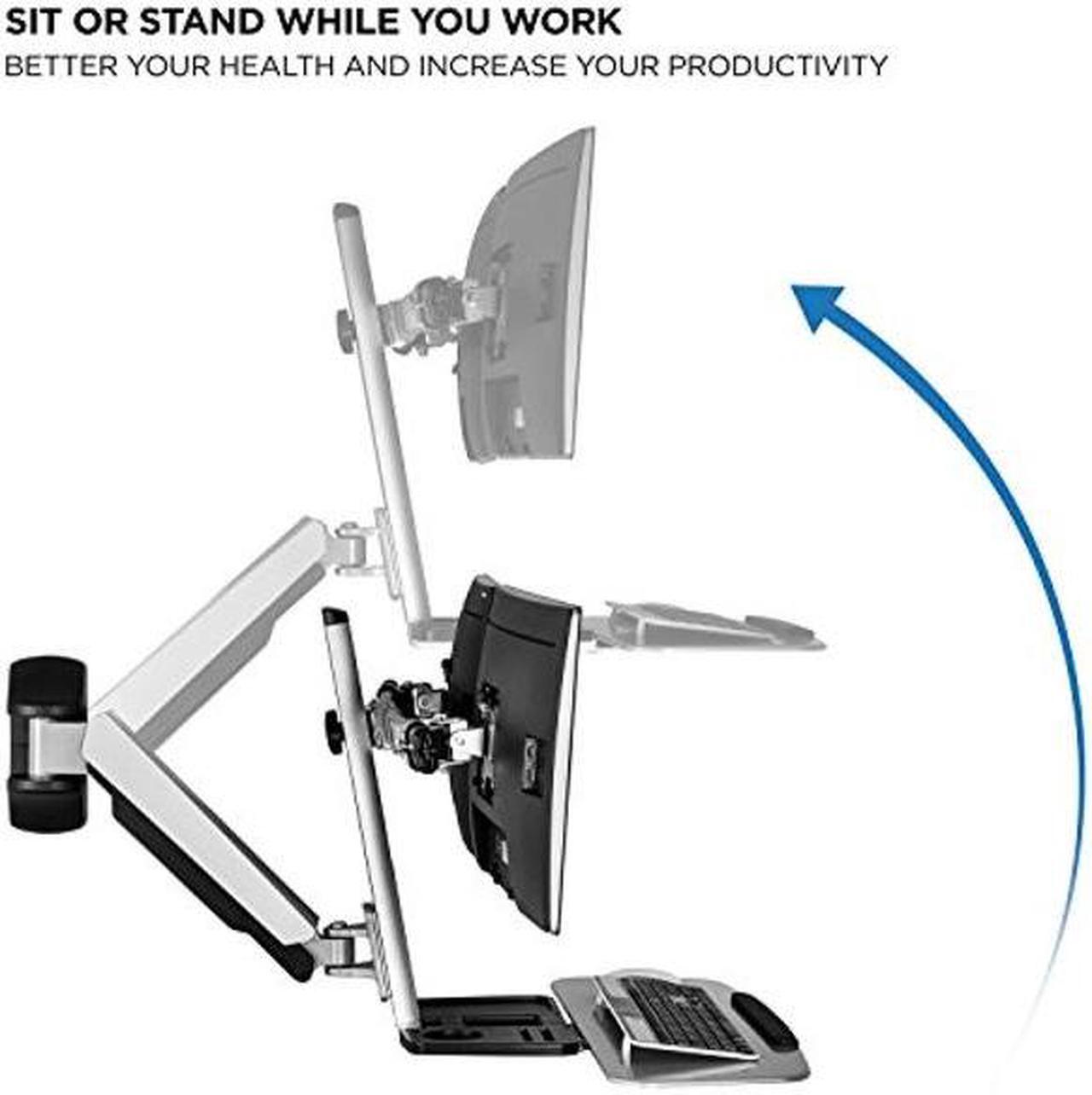 Alt view image 5 of 5 - Mount-It! Sit Stand Dual Monitor Wall Mount Workstation & Stand Up Computer Station with Articulating Keyboard Tray Arm and CPU Holder
