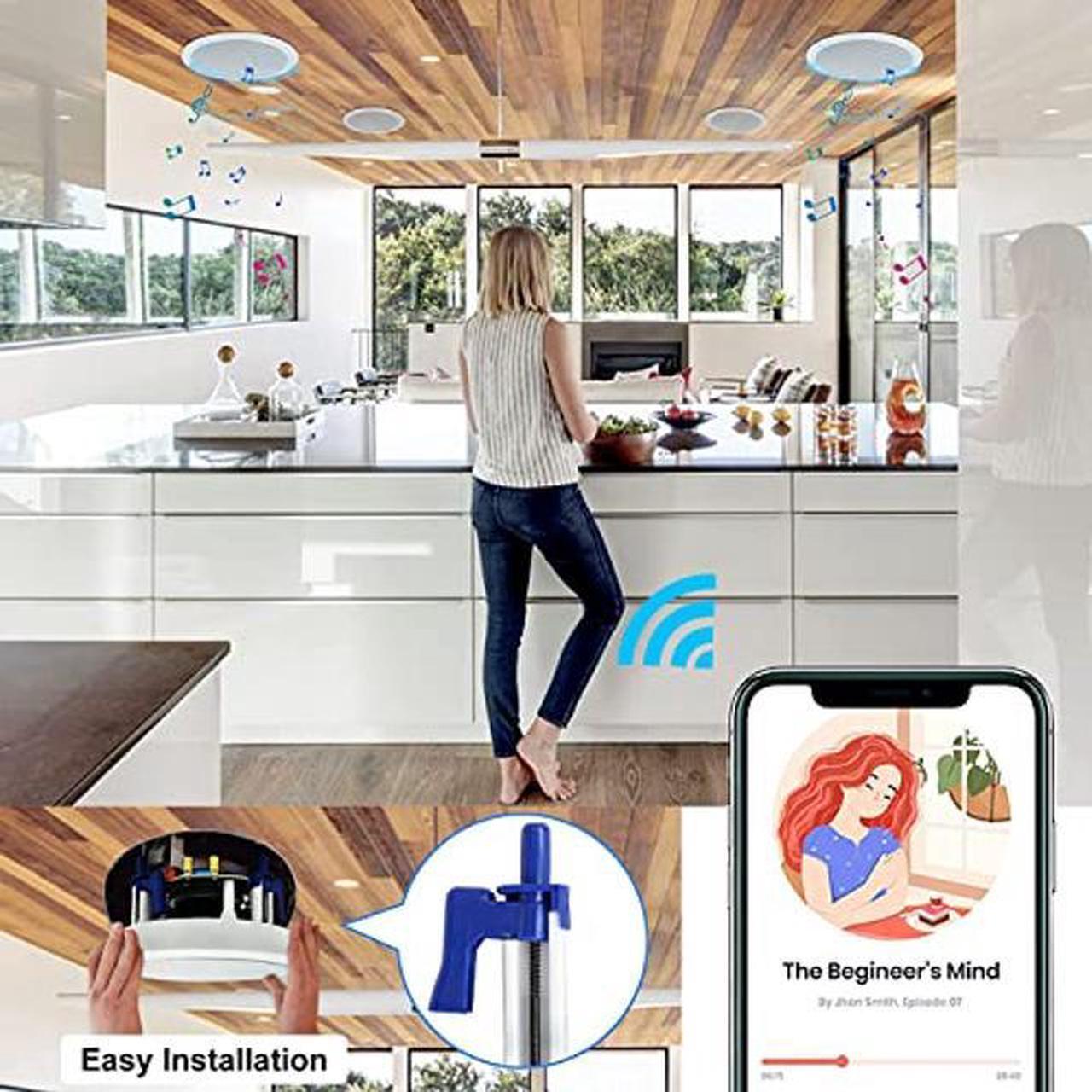 Alt view image 5 of 5 - Herdio 5.25" 4 Flush Mount Bluetooth Ceiling Speaker System Max Power 600 Watts Perfect for Humid Indoor Outdoor, Kitchen,Bedroom,Bathroom,Home Theater,Covered Porches(4 Speakers)