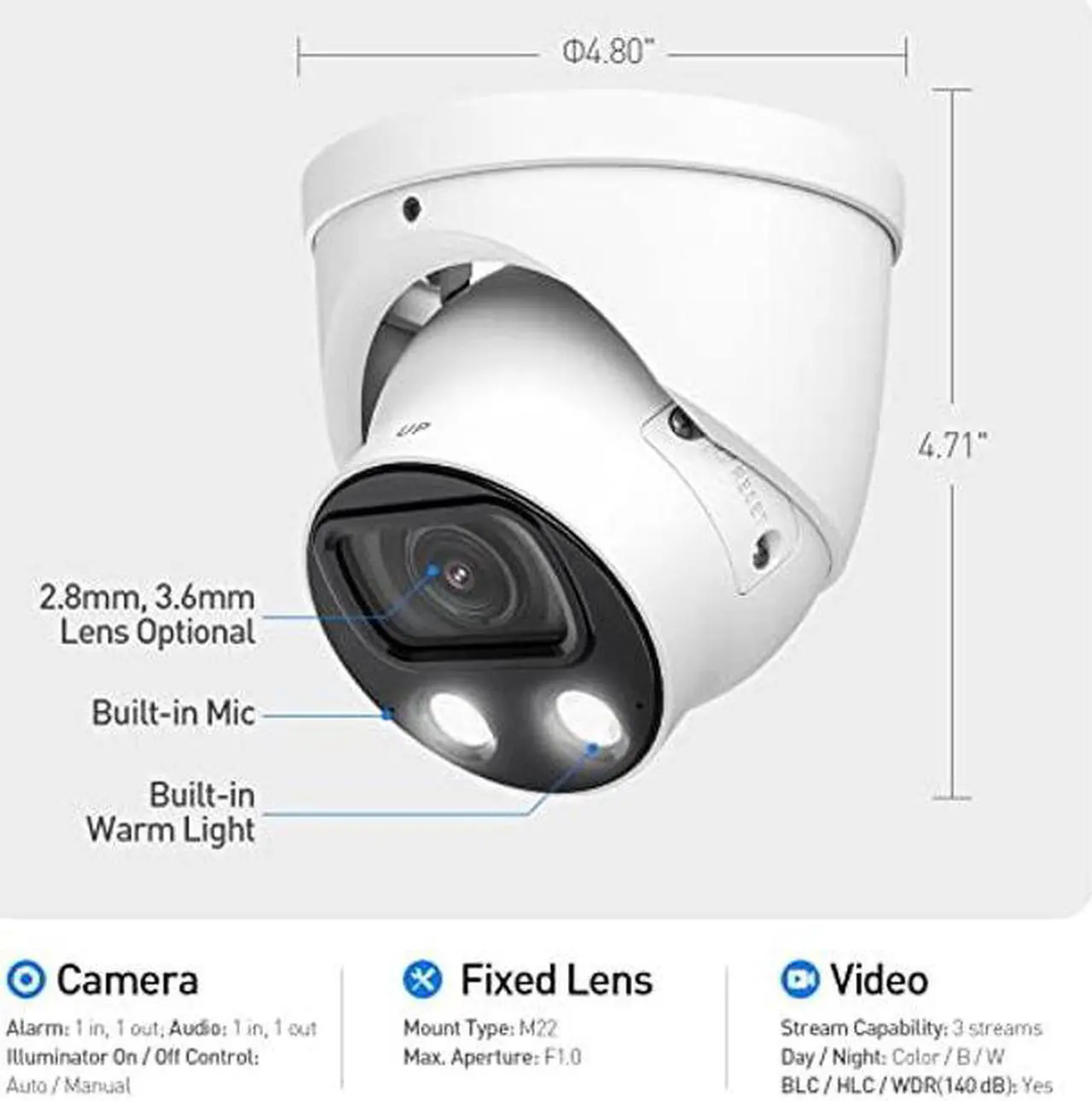 Alt view image 4 of 5 - EmpireTech IPC-Color4K-T 4K Full-Color Ultra Low Light 8MP Smart AI Starlight Turret IP Camera 1/1.2" CMOS,Build-in Warm LED, Built-in Mic,SMD 3.0,PoE and ePoE,IPC-Color4K-T 3.6mm