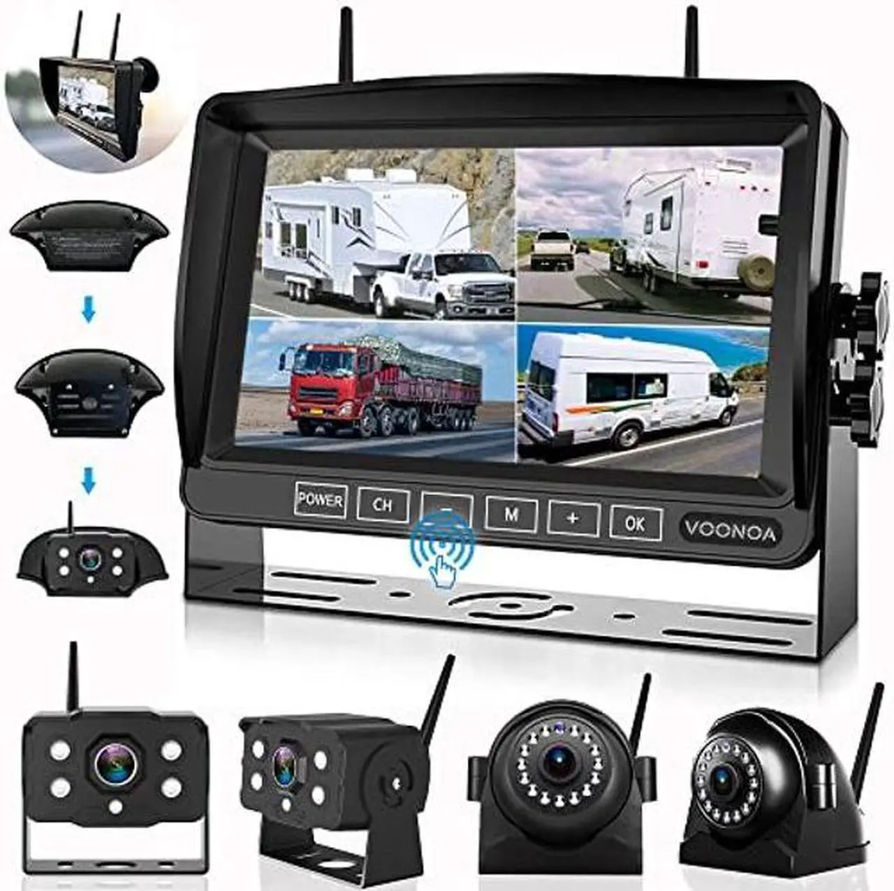 Main image of 1080P Wireless RV Camera System, IP69 Waterproof Night Vision RV Backup Camera Side Rear View Camera 4 with 7 Inch HD Monitor DVR Recording for RV Truck Trailer Camper Compatible with Furrion Mount
