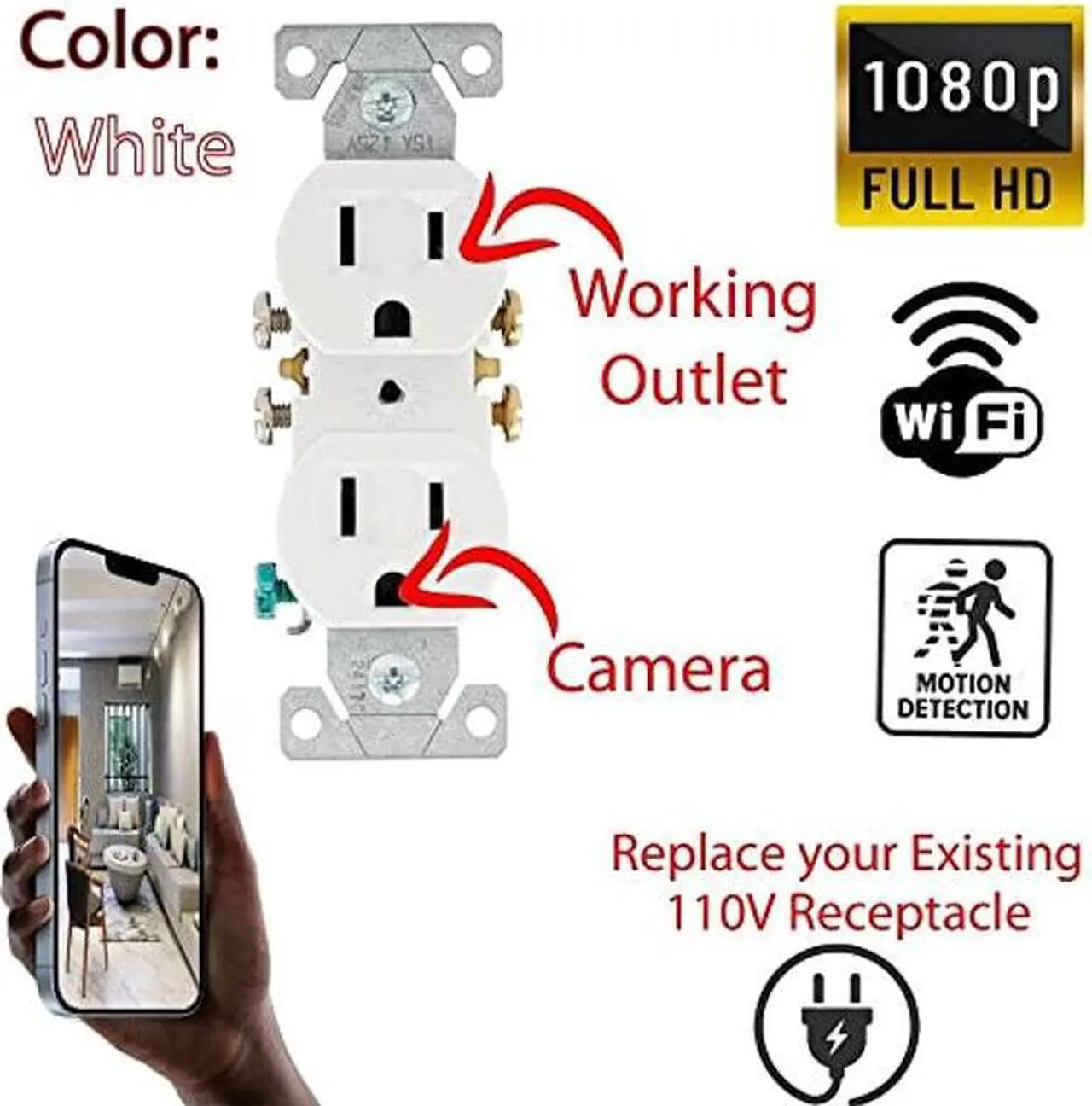 Alt view image 2 of 4 - JOVISION USA HD 1080p Power Outlet Spy Camera Covert Receptacle AC DC Hidden Camera