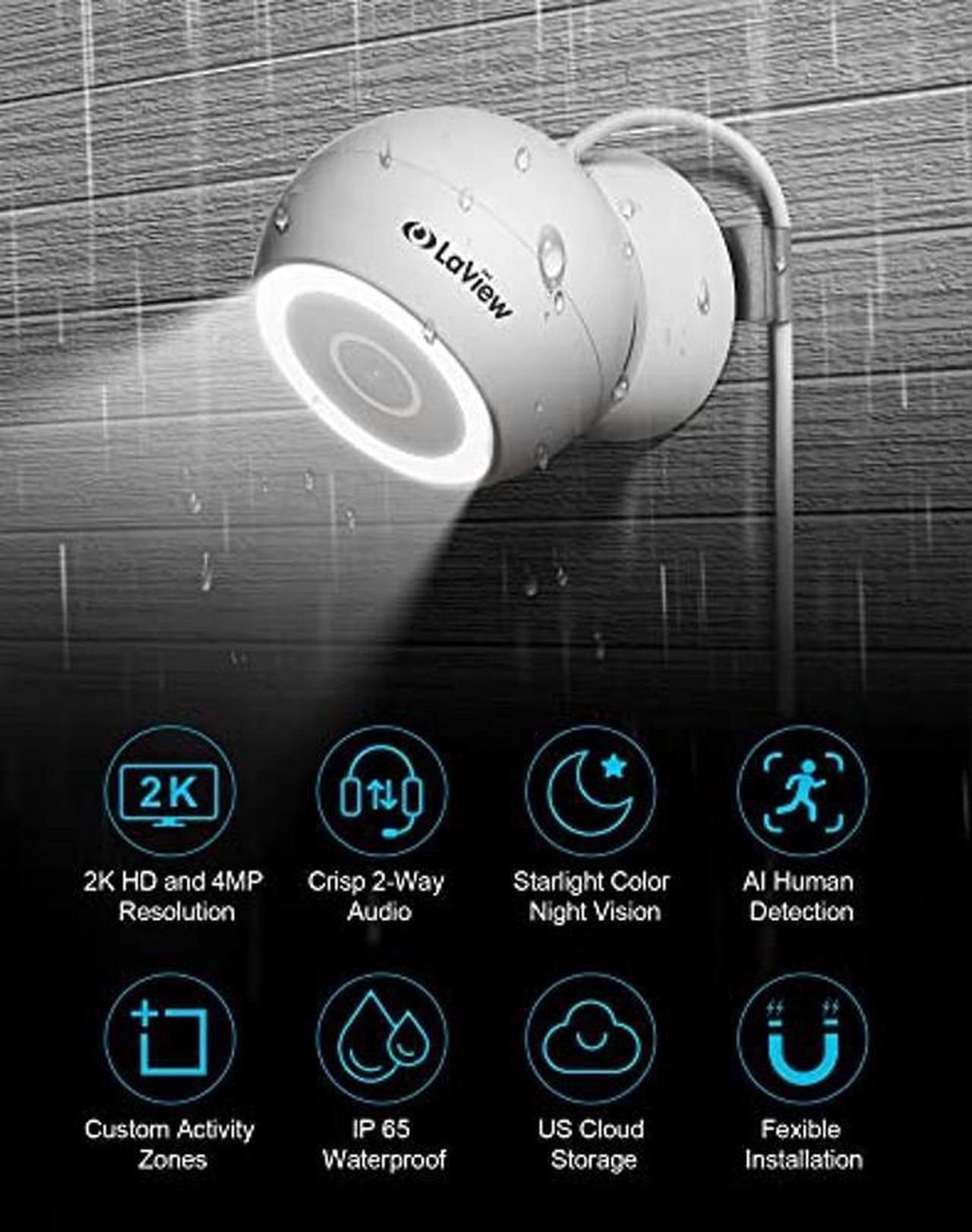 Alt view image 2 of 5 - LaView 4MP Security Cameras Outdoor Indoor 4pc,2K Wired Cameras for Home Security with Starlight Color Night Vision,IP65 Spotlight Camera 2.4G,2-Way Audio,AI Human Detection,Works with Alexa