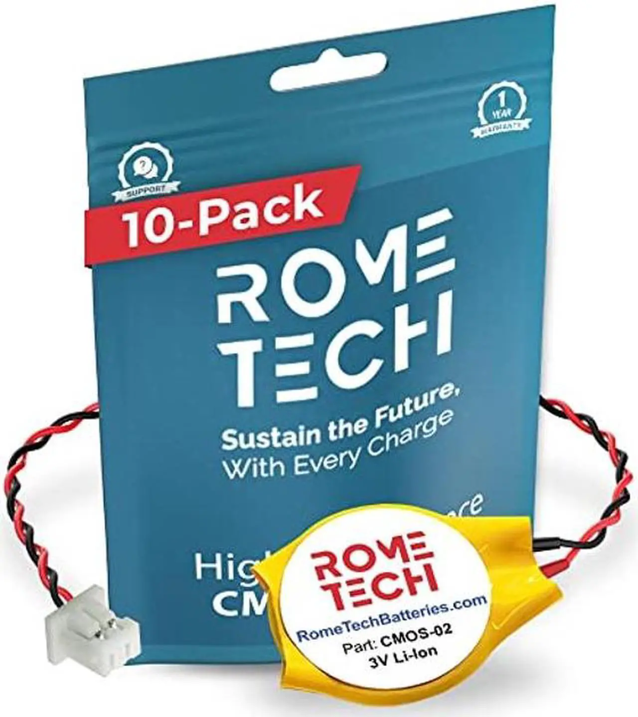 Main image of Rome Tech RTC CMOS Battery for Dell XPS 12 9Q23 / Dell XPS 15 9575 2-in-1 / Dell XPS 15 L521X / Dell XPS 15Z L511Z / Dell - Laptop Backup BIOS CMOS Laptop Battery CR2032 with 2 Pin Wire Cabl (10-Pack)