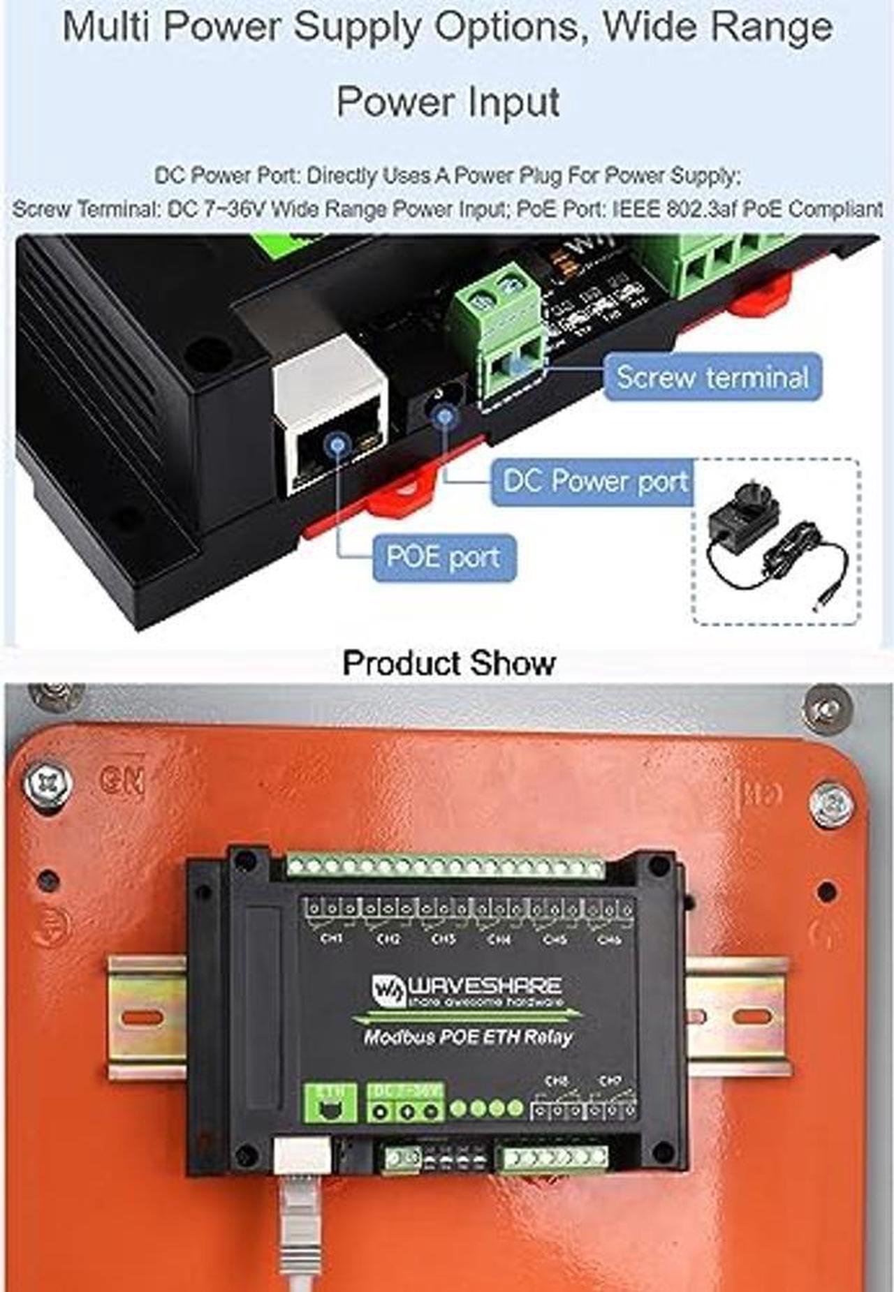 Alt view image 5 of 5 - waveshare 8-CH Ethernet Relay Module, Modbus RTU/Modbus TCP Protocol, PoE Port Communication, with Various Isolation and Protection Circuits