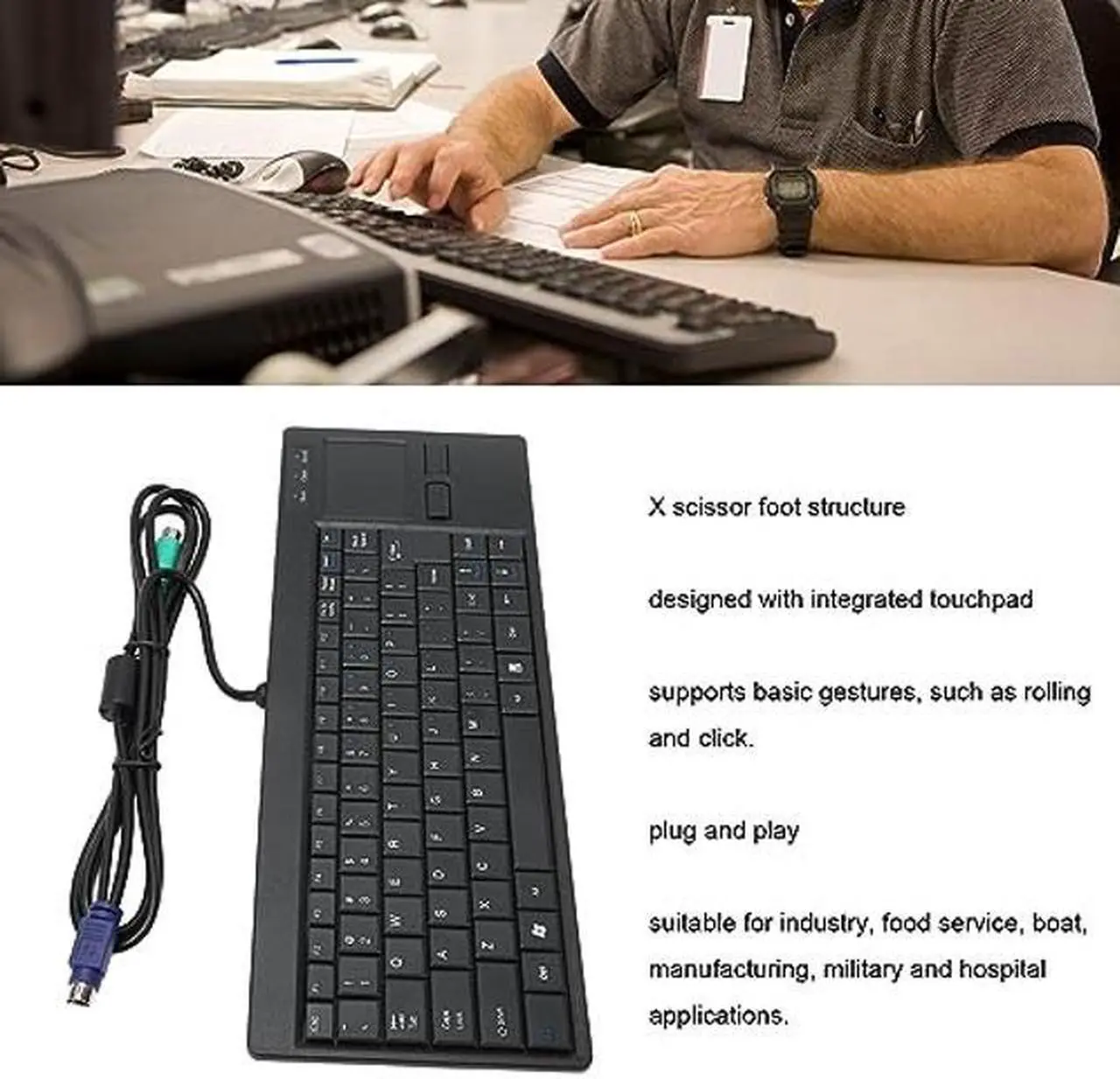 Alt view image 3 of 5 - Wired Keyboard with Trackpad, Mini Industrial Keyboard Touchpad Combo with X Scissor Foot, Portable Compact Touch Keyboard for Industry Control, Plug and Play (PS2 Interface