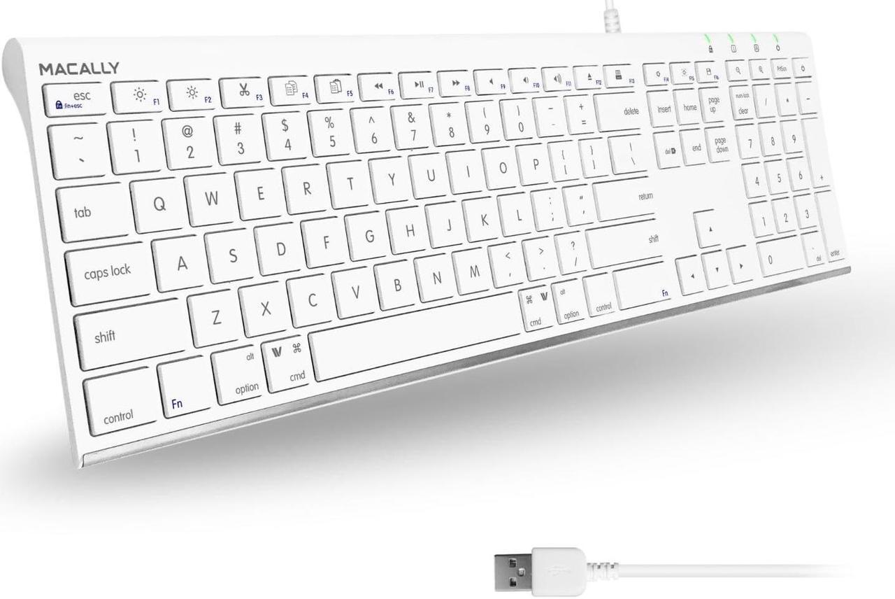 Main image of Macally Slim USB Wired Keyboard for Mac and Windows - Simple and Sophisticated - USB Apple Keyboard with Numeric Keypad for Mac Mini / Pro, Macbook, iMac with 110 Scissor Switch Keys and 20 Shortcuts
