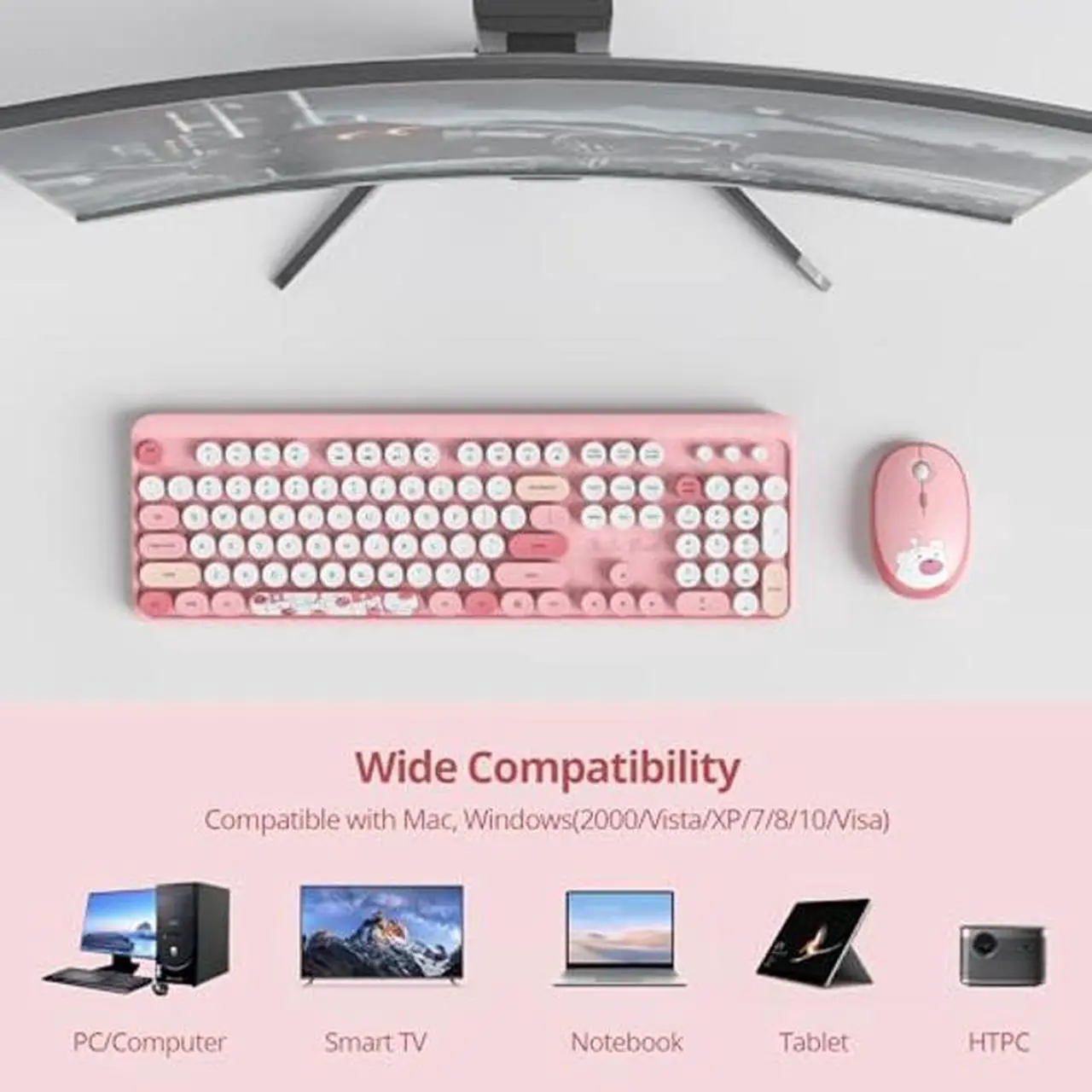 Alt view image 3 of 5 - GTSP Pink Typewriter Keyboard Wireless Mouse Combo, Cute Keyboard 2.4G Office Full-Sized Retro Keyboard with Round Keycaps for Laptop PC Desktops(Pink)