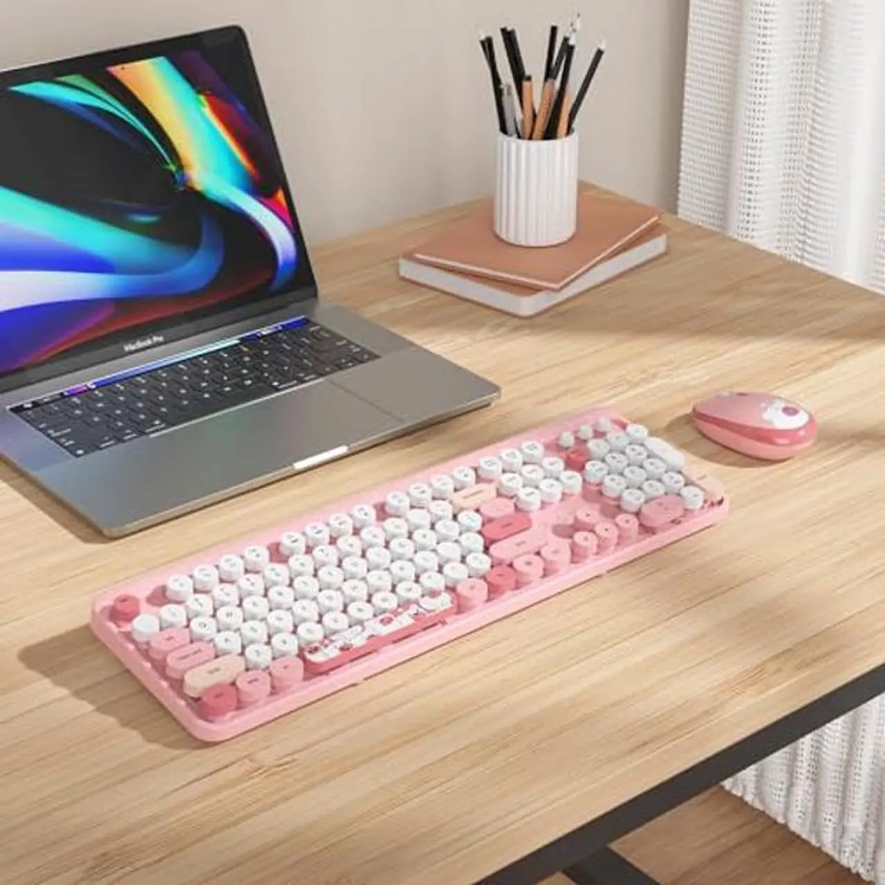 Alt view image 5 of 5 - GTSP Pink Typewriter Keyboard Wireless Mouse Combo, Cute Keyboard 2.4G Office Full-Sized Retro Keyboard with Round Keycaps for Laptop PC Desktops(Pink)