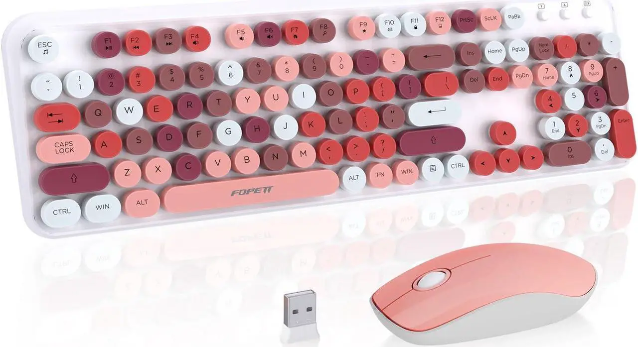 Main image of Keyboard and Mouse Wireless,Cute Retro Wireless Keyboard Mouse Combo with Round Key,2.4Ghz Dropout-Free Connection,Typewriter Wireless Keyboard Mouse Set for PC Laptop Desktop Computer-Pink Colorful