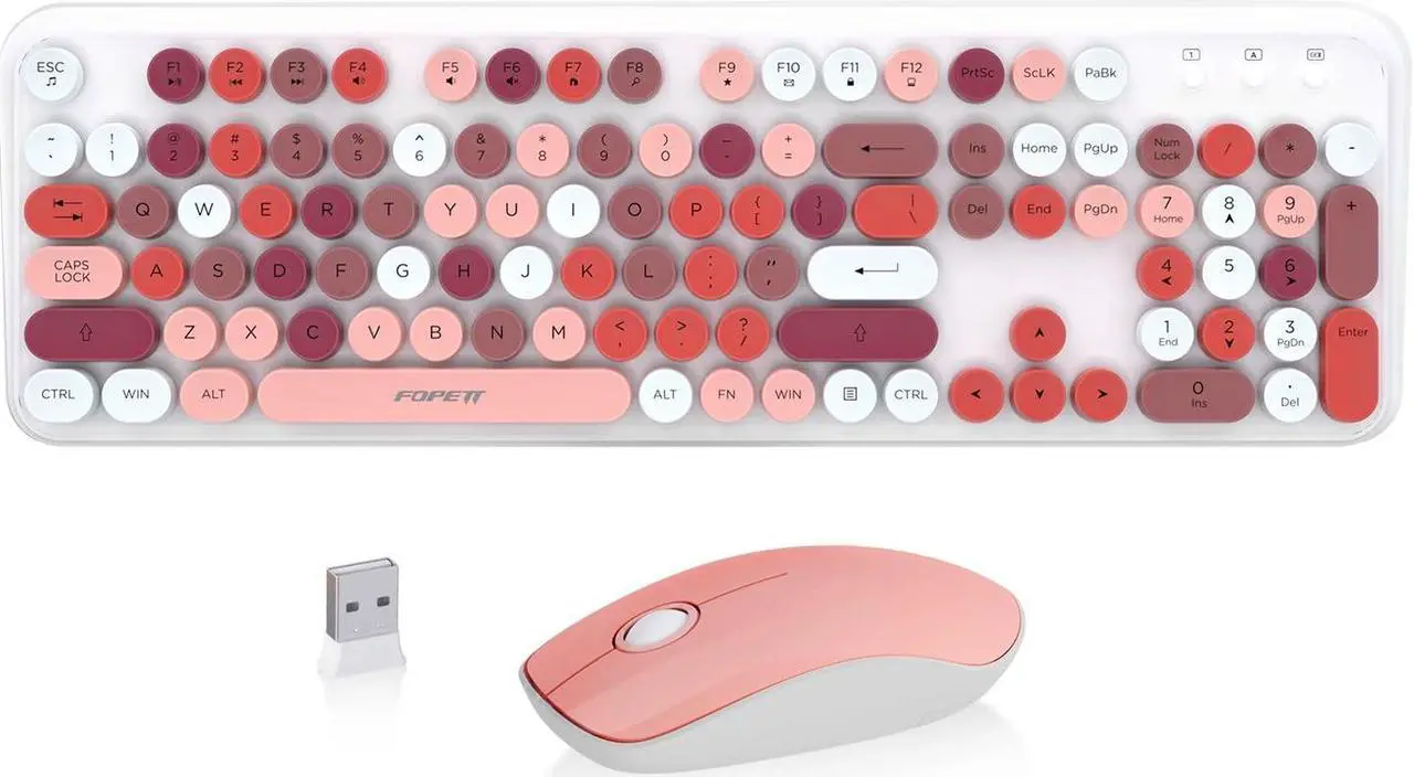 Alt view image 2 of 5 - Keyboard and Mouse Wireless,Cute Retro Wireless Keyboard Mouse Combo with Round Key,2.4Ghz Dropout-Free Connection,Typewriter Wireless Keyboard Mouse Set for PC Laptop Desktop Computer-Pink Colorful