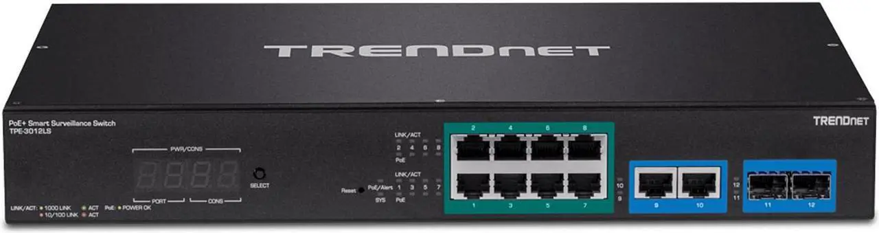 Alt view image 2 of 5 - TRENDnet 12-Port Gigabit PoE+ Smart Surveillance Switch, TPE-3012LS, 8 x Gigabit PoE+ Ports, 2 x Gigabit Ports, 2 x SFP Slots, 110W PoE Budget, Managed Switch, Long Range PoE+ up to 200m (656 ft)
