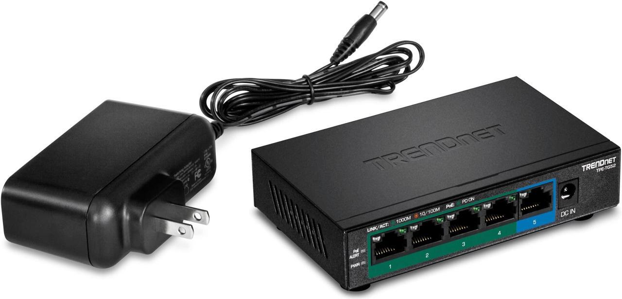 Main image of TRENDnet 5-Port Gigabit PoE+ Switch, 32W PoE Power Budget, 10Gbps Switching Capacity, IEEE 802.1p QoS, DSCP Pass-Through Support, Fanless, Wall Mountable, Lifetime Protection, Black, TPE-TG52