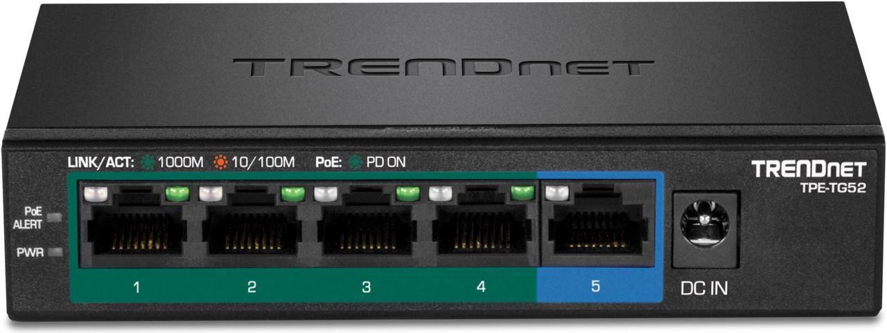 Alt view image 3 of 5 - TRENDnet 5-Port Gigabit PoE+ Switch, 32W PoE Power Budget, 10Gbps Switching Capacity, IEEE 802.1p QoS, DSCP Pass-Through Support, Fanless, Wall Mountable, Lifetime Protection, Black, TPE-TG52