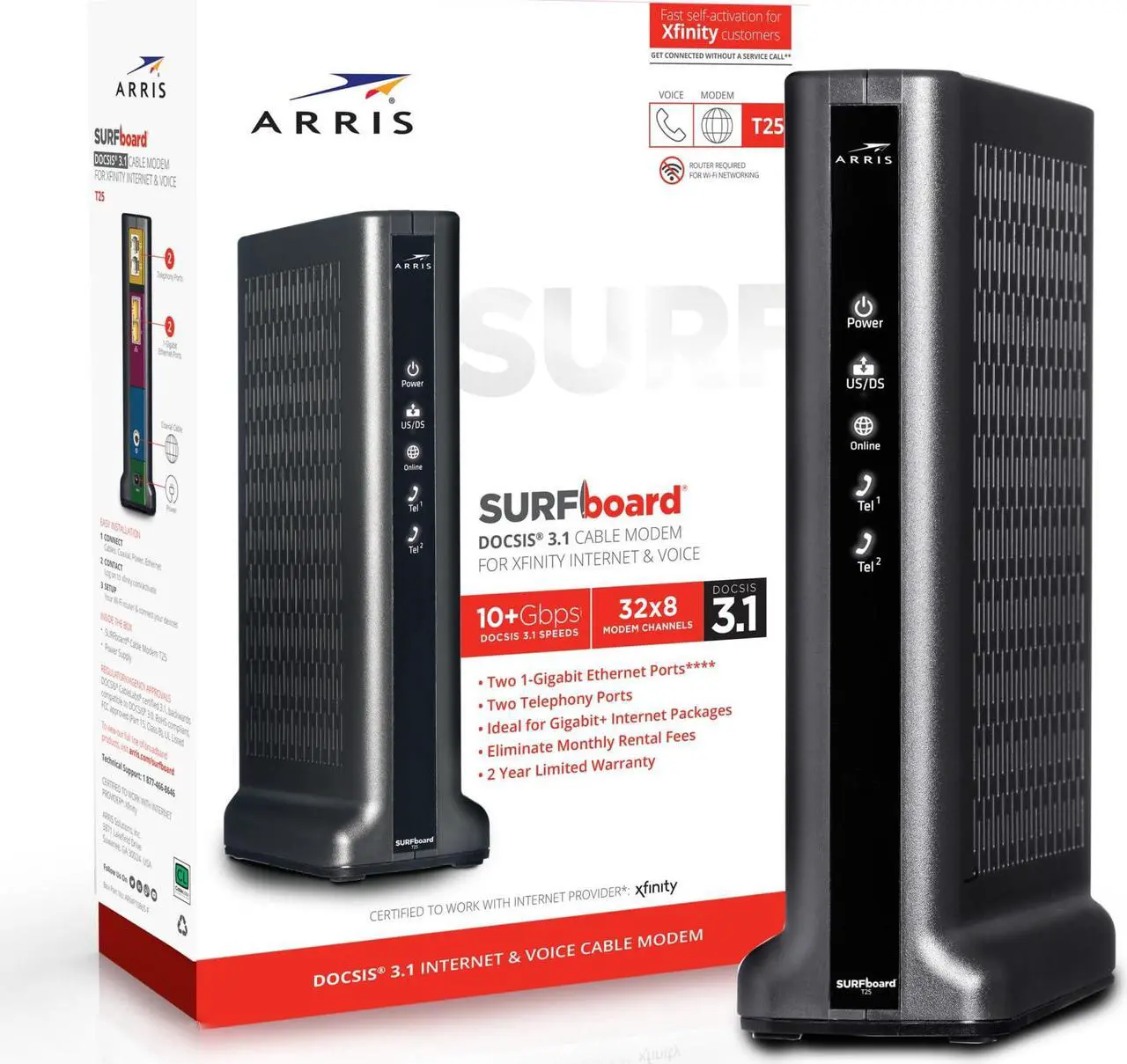 Alt view image 3 of 5 - ARRIS SURFboard T25 DOCSIS 3.1 Gigabit Cable Modem , Comcast Xfinity Internet & Voice , Two 1 Gbps Ports , 2 Telephony Ports , 800 Mbps Max with Xfinity Internet Plans,Black