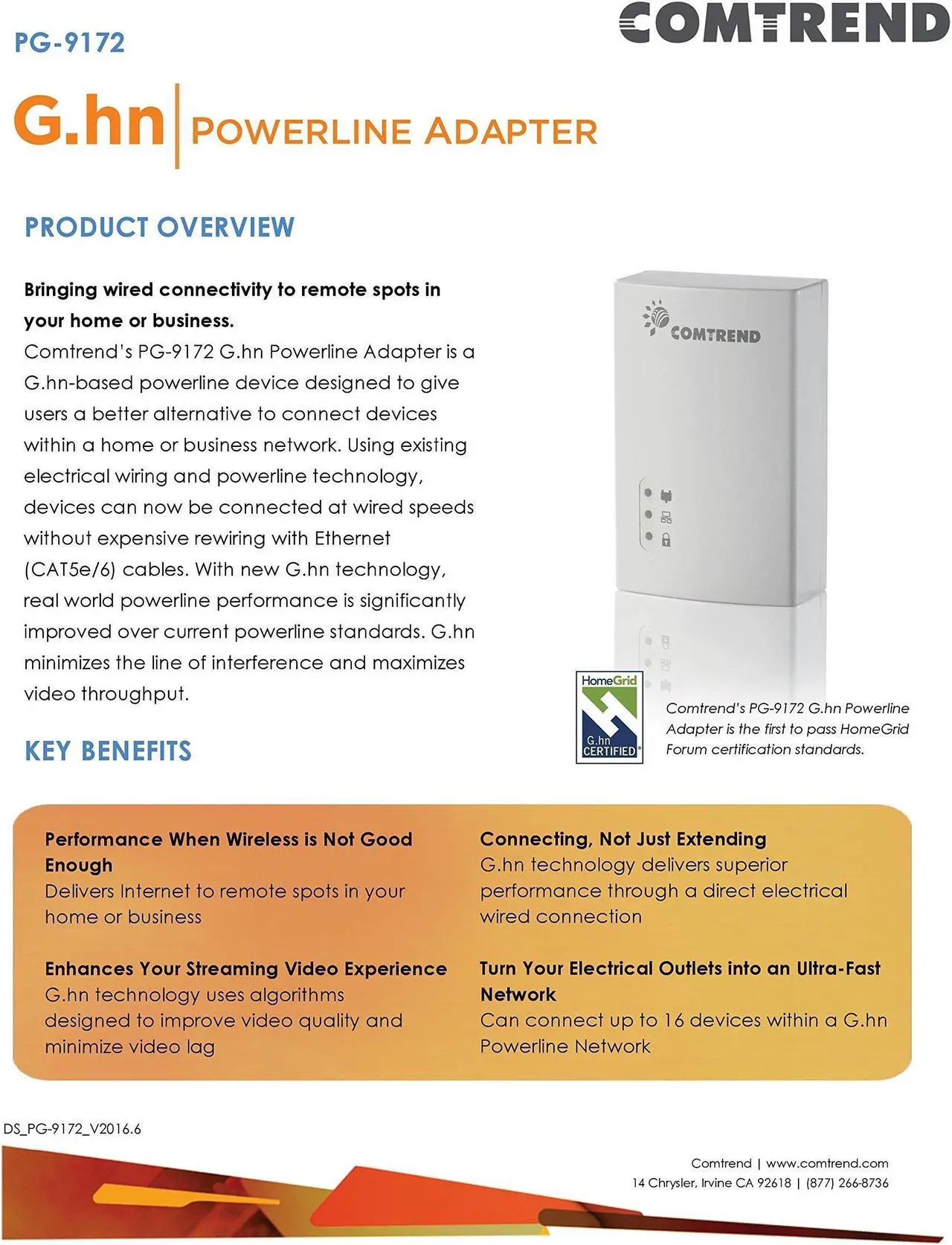 Alt view image 3 of 4 - Comtrend G.hn 1.2 Gbps Powerline Ethernet Bridge Adapter 1-Unit PG-9172