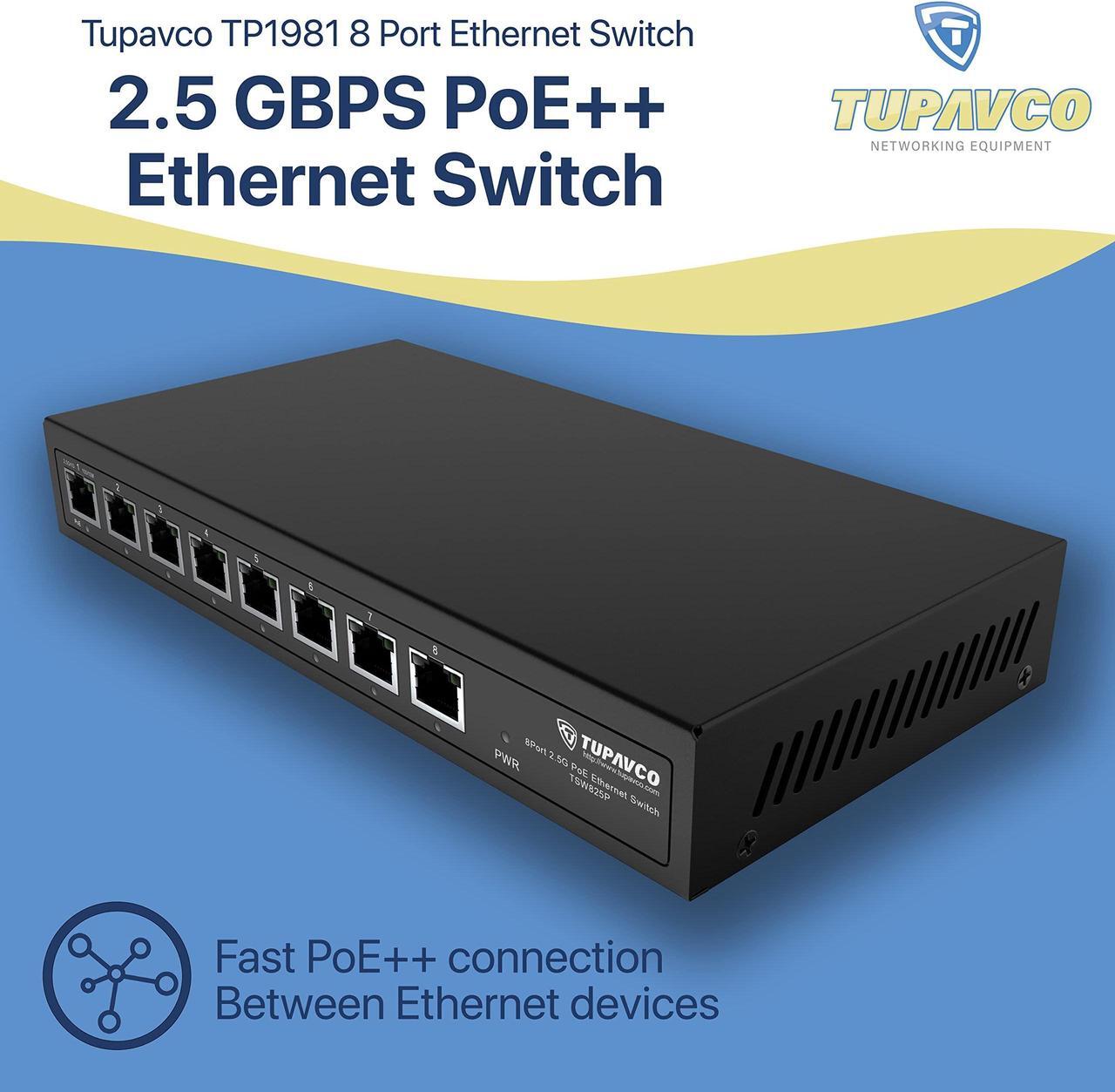 Alt view image 2 of 5 - 2.5GB Switch (8 Port) PoE++ for Ethernet Network - 1x90W (802.3bt) 7x30W (802.3at) Ports - High Speed 10M/100M/1G/2.5G Gigabit (802.3bz) - Unmanaged LAN Splitter - Tupavco TP1981