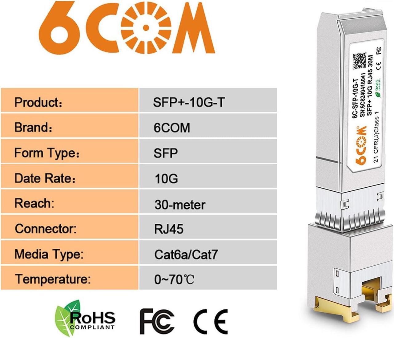 Alt view image 3 of 5 - 6COM 4Pack 10GBase-T SFP+ Transceiver, 10G T SFP+ RJ45 Copper Module CAT.6a for Cisco SFP-10G-T-S, Ubiquiti UF-RJ45-10G, Fortinet, Netgear, D-Link, Supermicro, TP-Link, up to 30m