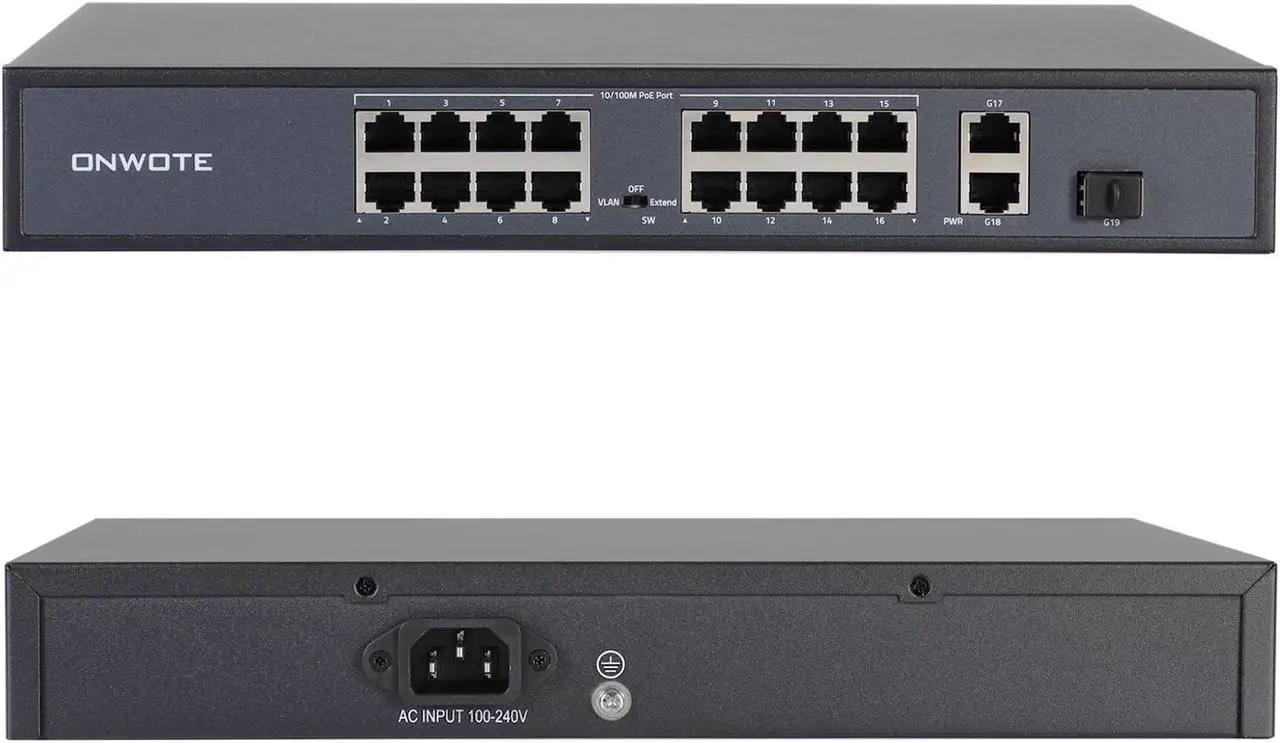 Main image of ONWOTE 16 Ports Ethernet PoE Switch @ 300W, 2 x Uplink Gigabit RJ45 Ports, 1 x SFP Slot, Support 4K 8MP 5MP PoE IP Security Cameras, Add-on PoE Injector to PoE NVR System