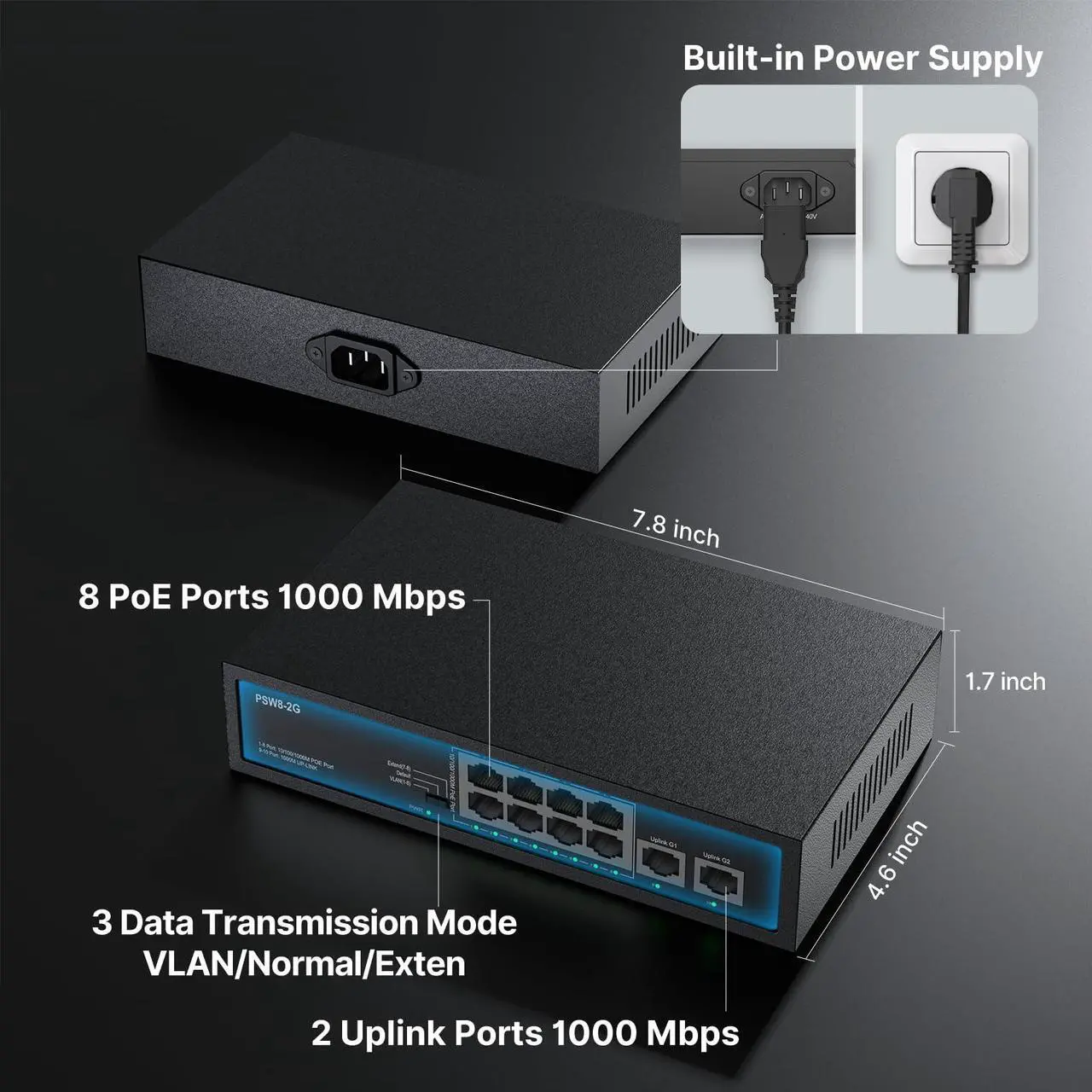 Alt view image 2 of 5 - 8 Port Full Gigabit PoE+ Switch with Rack Mount Ears, with 2 Gigabit Uplink Ports Up to 30W Per PoE Port, Total Budget 120W, 48 Volt 803.af/at Compliant, Compatible with PoE IP Cameras VOIP Phones