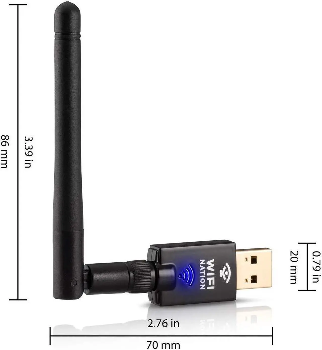 Alt view image 2 of 5 - WiFi Nation(r) 802.11ac AC600 Fast USB WiFi Adapter, Wireless dongle with 2dBi dipole SMA Antenna, chipset: Realtek RTL8811AU, Dual Band 2.4GHz or 5GHz, Windows, MacOS and Linux Supported