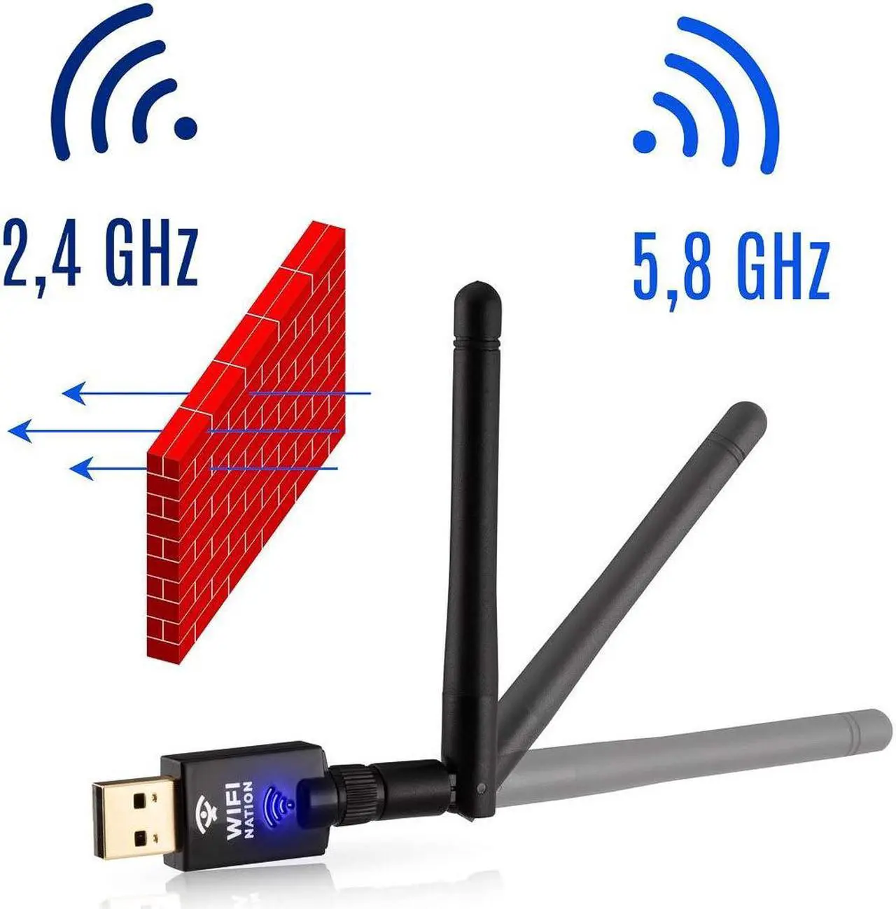 Alt view image 3 of 5 - WiFi Nation(r) 802.11ac AC600 Fast USB WiFi Adapter, Wireless dongle with 2dBi dipole SMA Antenna, chipset: Realtek RTL8811AU, Dual Band 2.4GHz or 5GHz, Windows, MacOS and Linux Supported