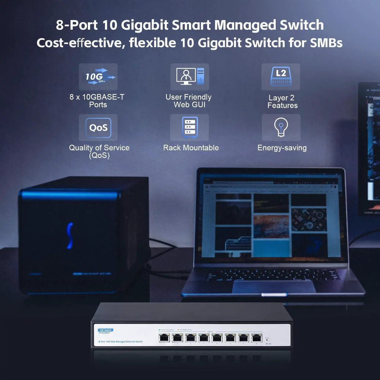 Alt view image 2 of 5 - YuLinca 8 Port 10Gbps Managed Switch, Support 10G/5G/2.5G/1000M Auto-Negotiation, 160Gbps Bandwidth, Support LACP/QOS/VLAN/IGMP, Easy Web Managed Ethernet Gaming Switch