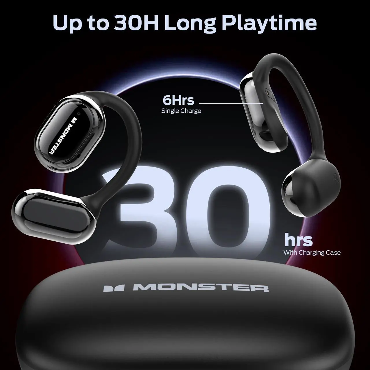 Alt view image 5 of 5 - Monster Open Free AC100 Open Ear Headphones, Bluetooth 5.3 Wireless Headphones with Earhooks, Immersive Stereo Sound by Dual Large Driver, Clear Talk, 30H Playtime,Waterproof Sport Earbuds for Running