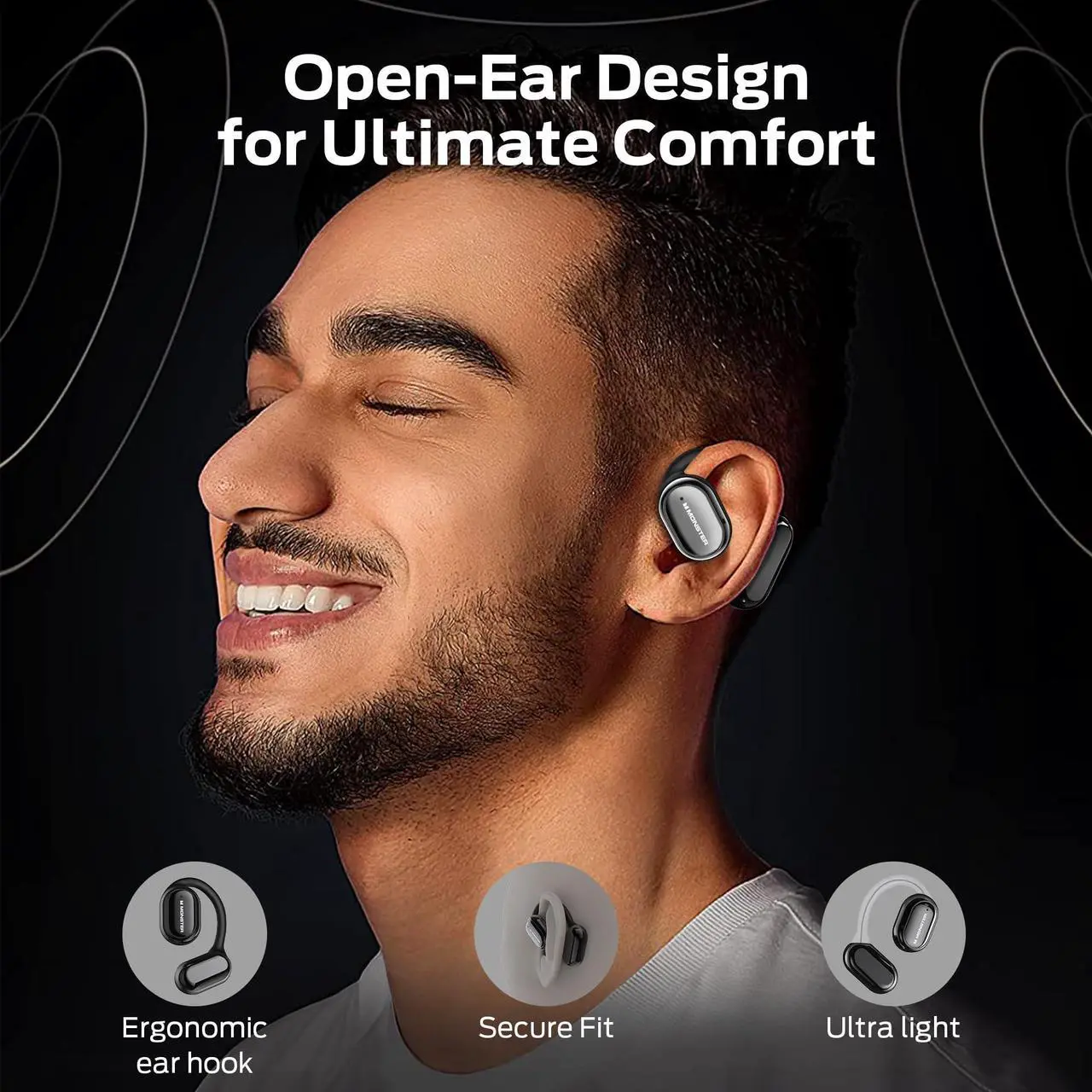 Alt view image 2 of 5 - Monster Open Free AC100 Open Ear Headphones, Bluetooth 5.3 Wireless Headphones with Earhooks, Immersive Stereo Sound by Dual Large Driver, Clear Talk, 30H Playtime,Waterproof Sport Earbuds for Running