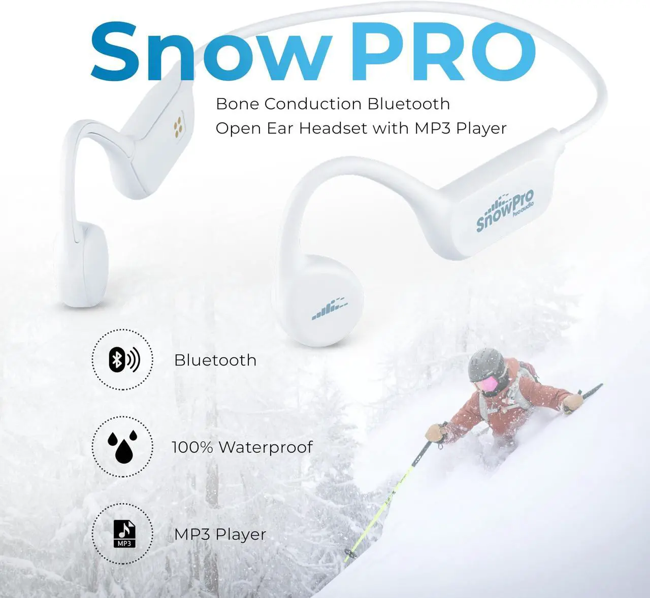 Alt view image 2 of 5 - H2O Audio SNOWPRO Waterproof Bone Conduction Headphones Open Ear Headset with Hard Shell Protective Carrying Case - Bluetooth, Playlist+ Offline MP3 Player, Poly Blend Fabric - Black & White
