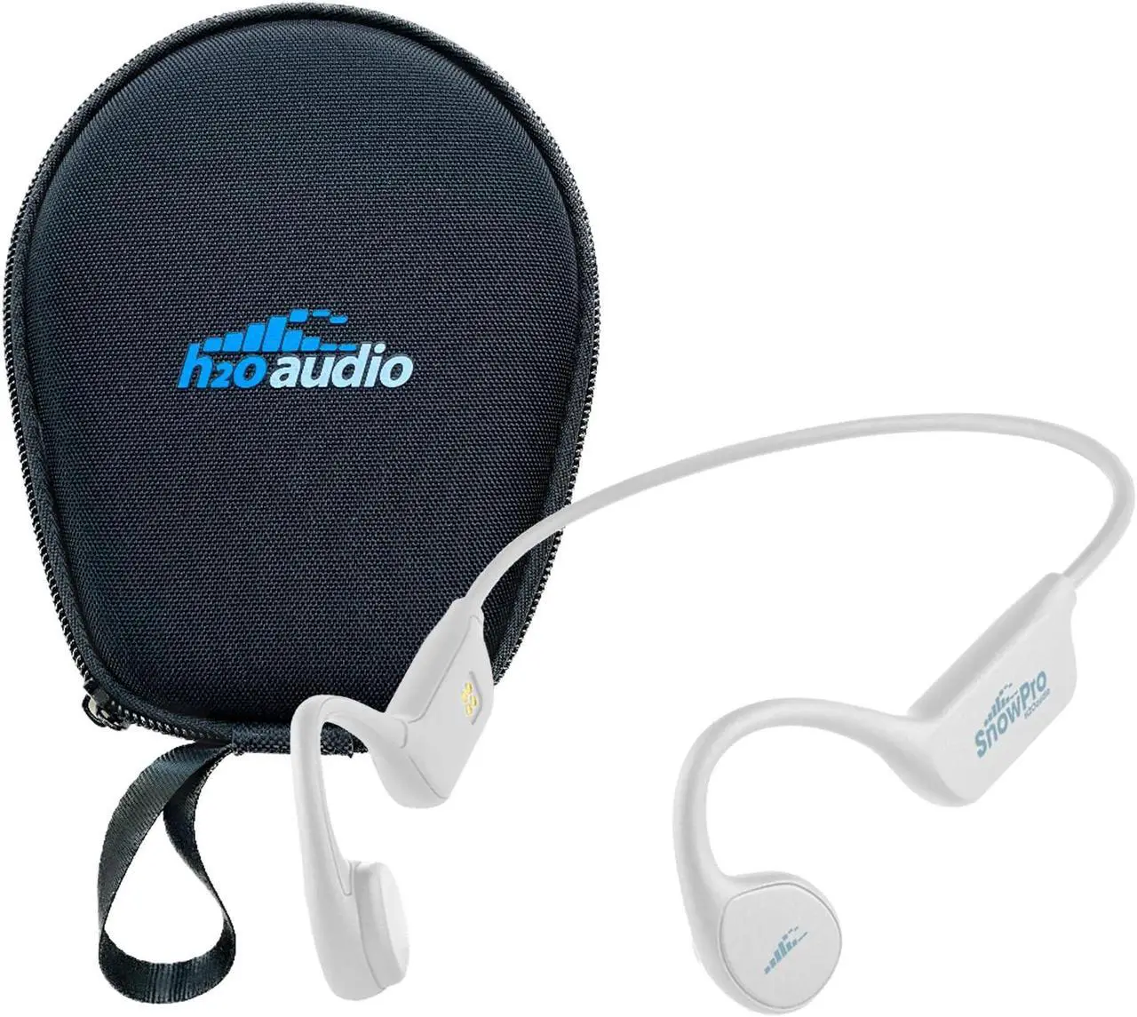 Main image of H2O Audio SNOWPRO Waterproof Bone Conduction Headphones Open Ear Headset with Hard Shell Protective Carrying Case - Bluetooth, Playlist+ Offline MP3 Player, Poly Blend Fabric - Black & White