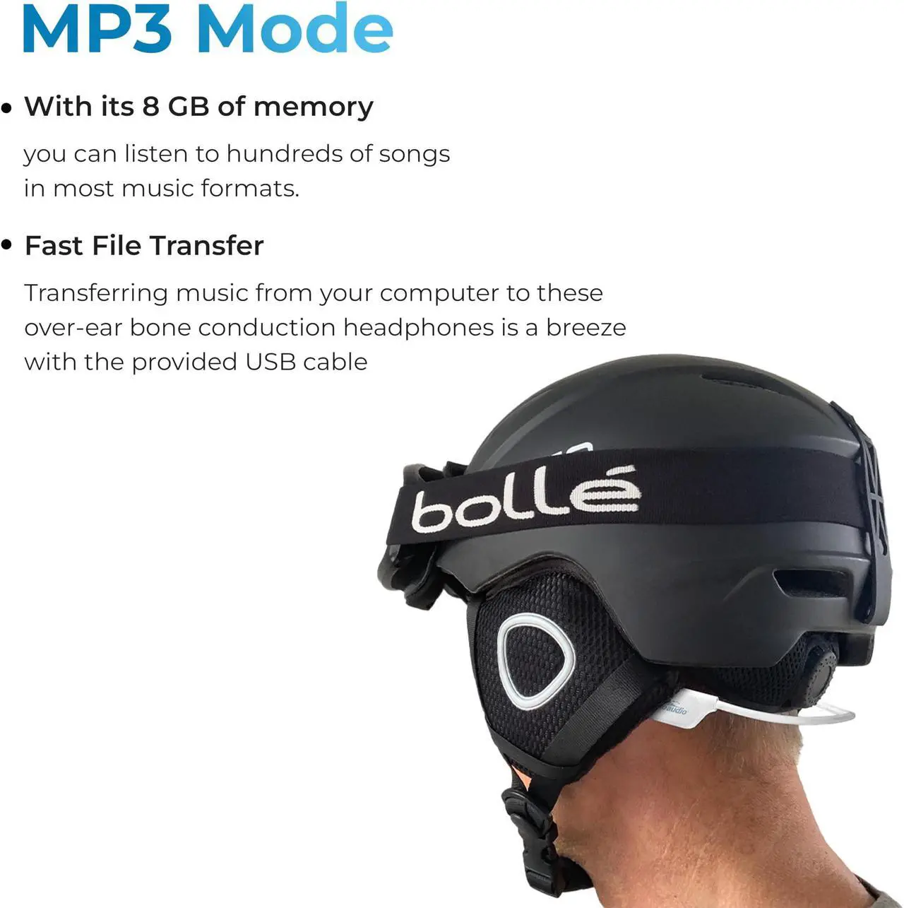 Alt view image 4 of 5 - H2O Audio SNOWPRO Waterproof Bone Conduction Headphones Open Ear Headset with Hard Shell Protective Carrying Case - Bluetooth, Playlist+ Offline MP3 Player, Poly Blend Fabric - Black & White