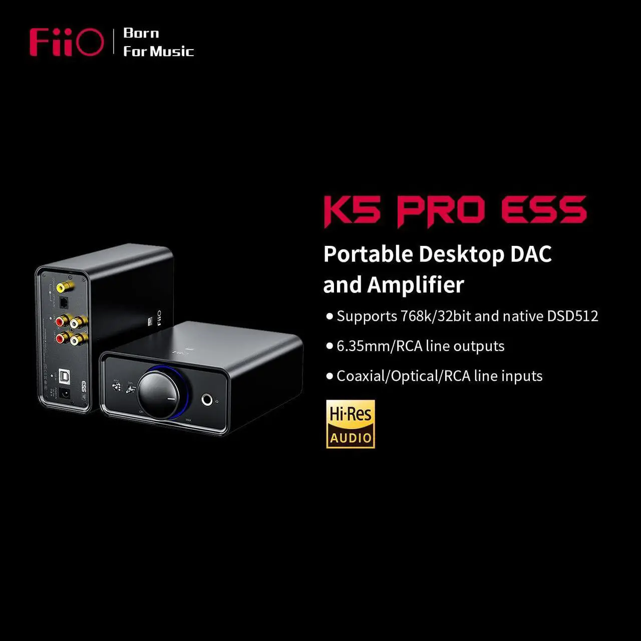 Alt view image 2 of 5 - FiiO K5Pro ESS Amplifier Headphone Amps Stereo High Resolution Portable Desktop DAC 768K/32Bit and Native DSD512 for Home Audio/PC 6.35mm Headphone Out/RCA Line-Out/Coaxial/Optical Inputs (Black)