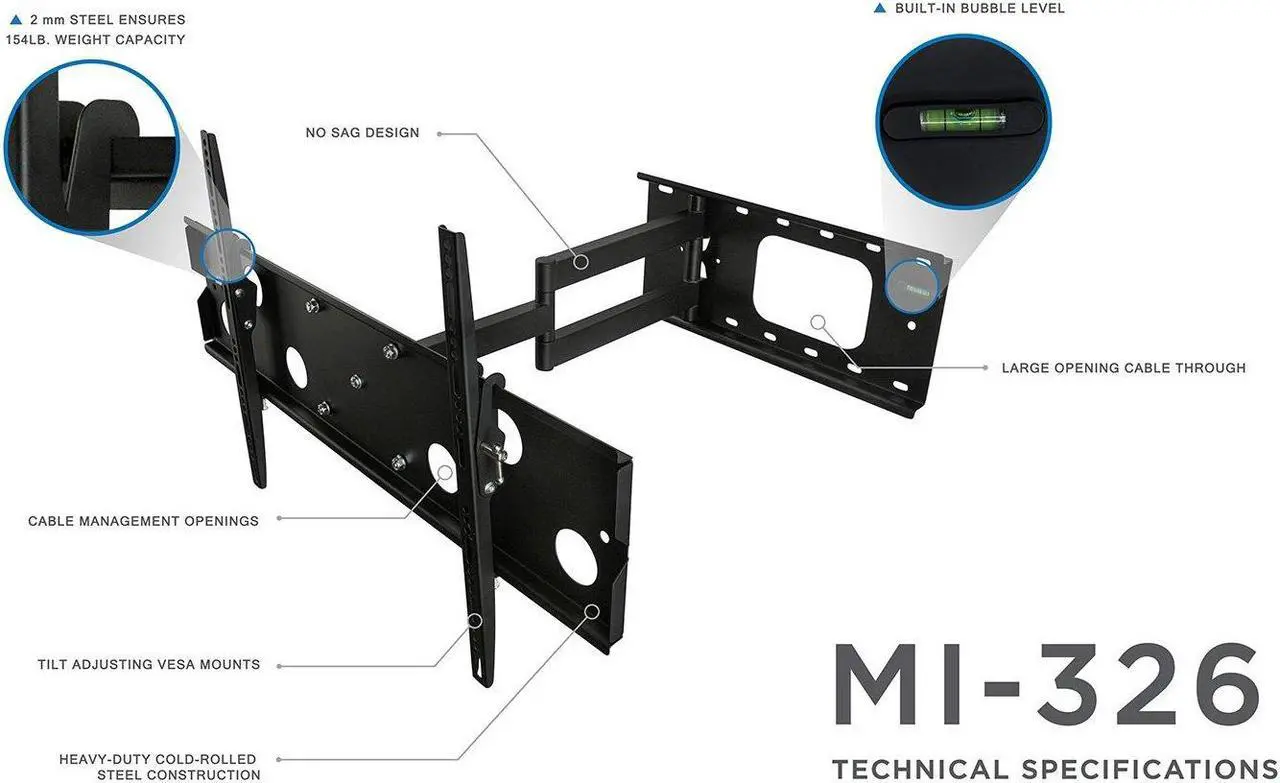 Alt view image 5 of 5 - Mount-It! Extended Articulating TV Wall Mount Low-Profile Full Motion Tilting Corner Bracket for 32-60 Inch Flat Screen, VESA up to 750x450, 175 lb Capacity (MI-326B)