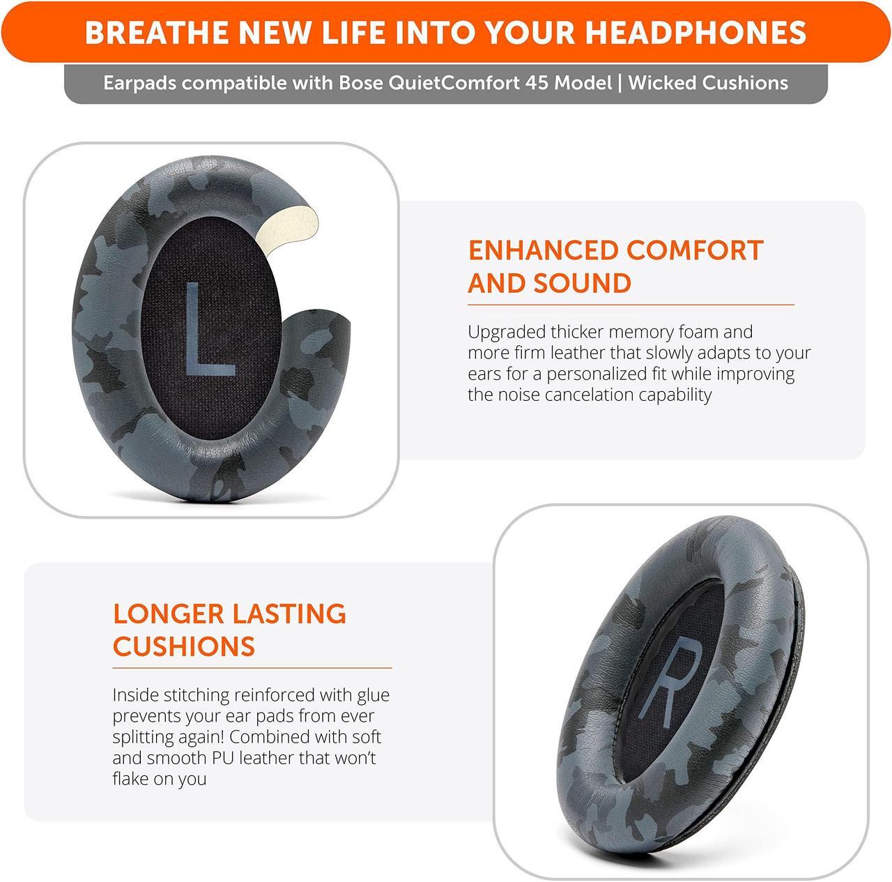 Alt view image 4 of 5 - WC Wicked Cushions Extra Thick Replacement Ear Cushions for Bose QC45 (QuietComfort 45) Headphones | (Black Camo)