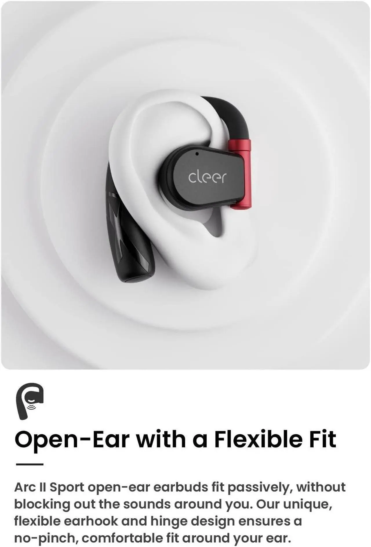 Alt view image 2 of 5 - Cleer ARC II Sport Open-Ear True Wireless Bluetooth Headphones, Dual Microphone, Multipoint Connection, Secure Fit, Sweat Resistant, Crystal Clear Calls, 35 Hrs Playtime, for iPhone & Android, Black