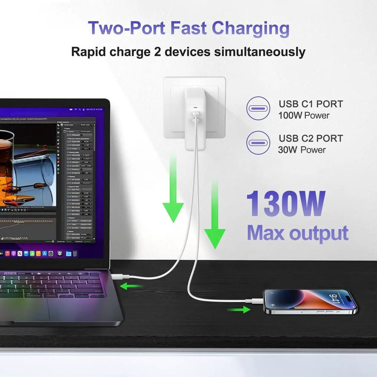 Alt view image 2 of 5 - MacBook Pro Charger/MacBook Air Charger-130W Dual USB C Charger for MacBook Pro 16, 15, 14, 13 Inch, MacBook Air M1/M2, iPad Pro/Air,iPhone 14/13 /Pro/Pro Max, PPS Galaxy S22 Ultra/S22[6.6ft Cable]