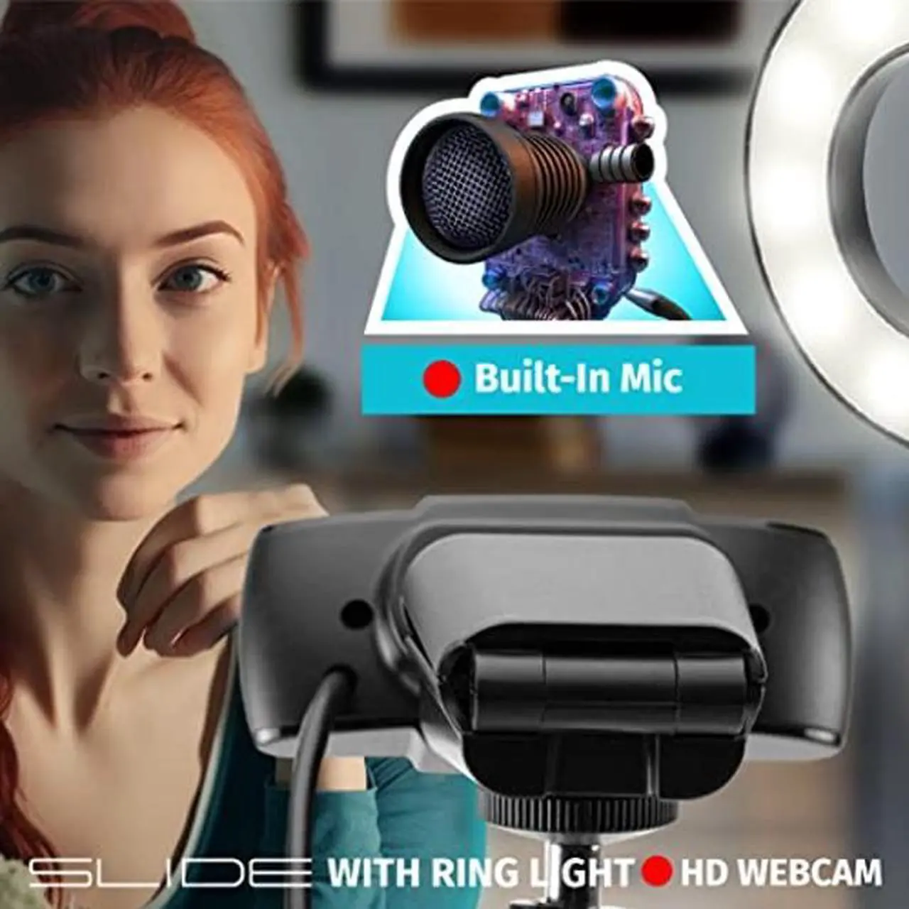 Alt view image 5 of 5 - Slide 1080P HD Webcam, Portable Ring Light with Stand |Vlogging Kit for TikTok, YouTube, Twitch, Streaming Equipment |Video Recorder Camera w 30 Light Modes, 30 FPS | 2 Flexible Gooseneck Arms, Clamp