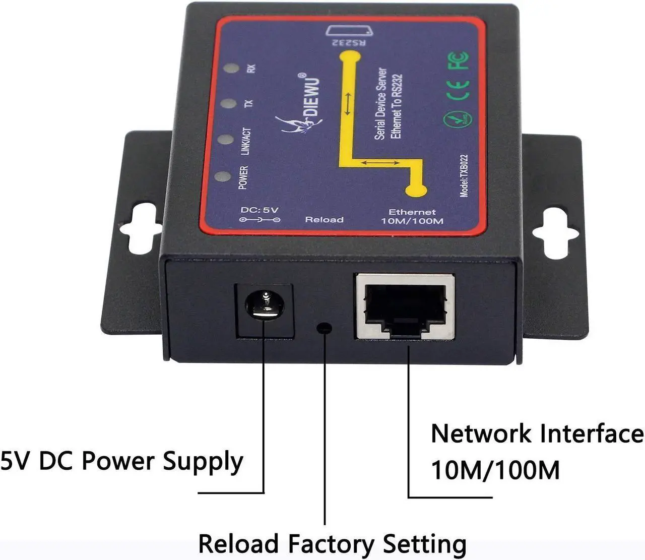 Alt view image 4 of 5 - CERRXIAN RS232 to Ethernet Serial Device Server, 1 Port RS 232 DB9 Serial to Ethernet TCP IP Device Server Converter
