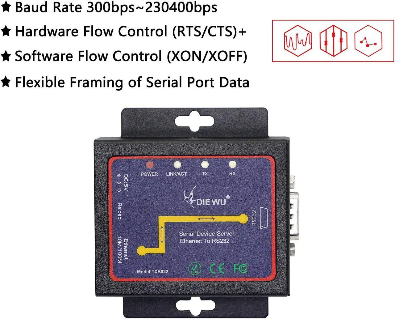 Alt view image 5 of 5 - CERRXIAN RS232 to Ethernet Serial Device Server, 1 Port RS 232 DB9 Serial to Ethernet TCP IP Device Server Converter