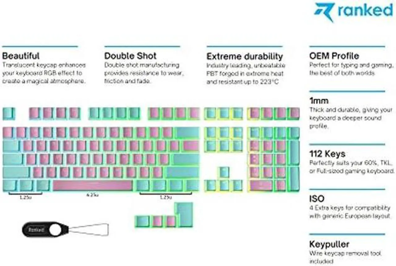 Alt view image 2 of 5 - Ranked Pudding PBT Keycaps | 112 Double Shot Translucent ANSI US & ISO Layout | OEM Profile for RGB Mechanical Gaming Keyboard (Miami Vice)
