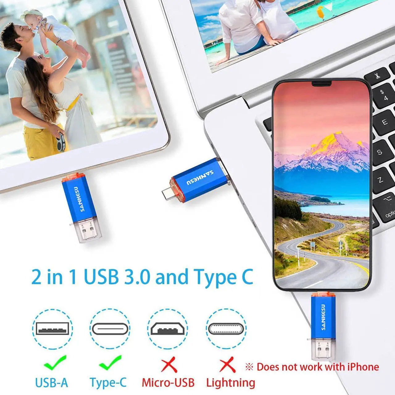 Alt view image 2 of 5 - SANKESU USB 3.0 Stick 256GB Type C Flash Drive, USB-A & Type-C OTG Dual Thumb Drive, 2 in 1 Memory Stick Cle USB External Date Storage Compatible with Type C Phone and Tablet/Laptop/Computer