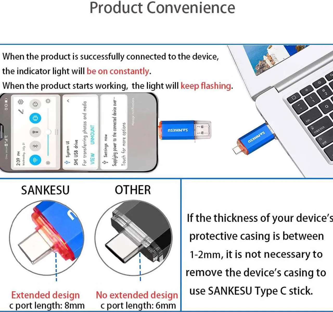 Alt view image 4 of 5 - SANKESU USB 3.0 Stick 256GB Type C Flash Drive, USB-A & Type-C OTG Dual Thumb Drive, 2 in 1 Memory Stick Cle USB External Date Storage Compatible with Type C Phone and Tablet/Laptop/Computer