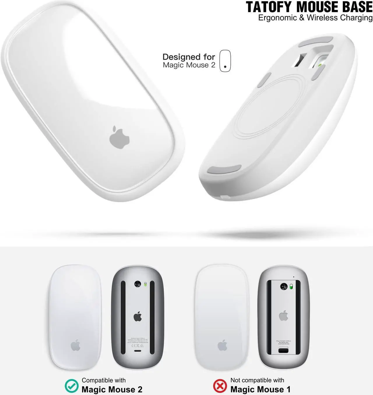 Alt view image 2 of 5 - TATOFY for Magic Mouse 2 Grip with Wireless Charging Support, Magic Mouse 2 Charger, Magic Mouse Ergonomic Grip & Mouse Base (White + Gray)