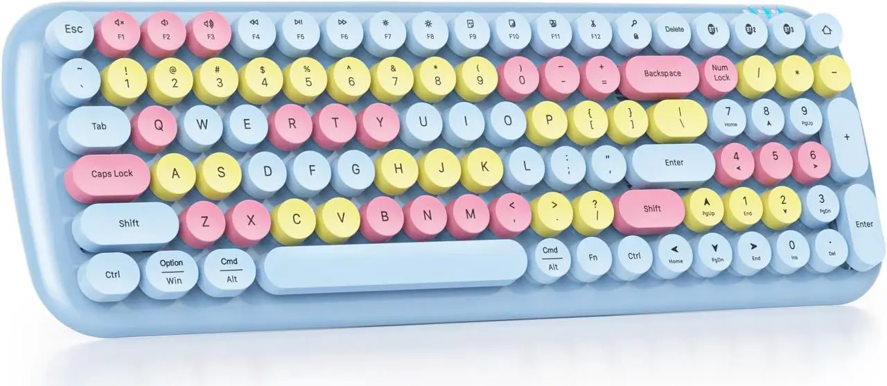 Main image of Mosptnspg Wireless Bluetooth Typewriter Keyboard, 100 Keys Retro Round Keycap Colorful Mechanical Feel Membrane Office Candy Pink Keyboard, for PC/Mac/Laptop/Tablet/Computer Windows (Light Blue)