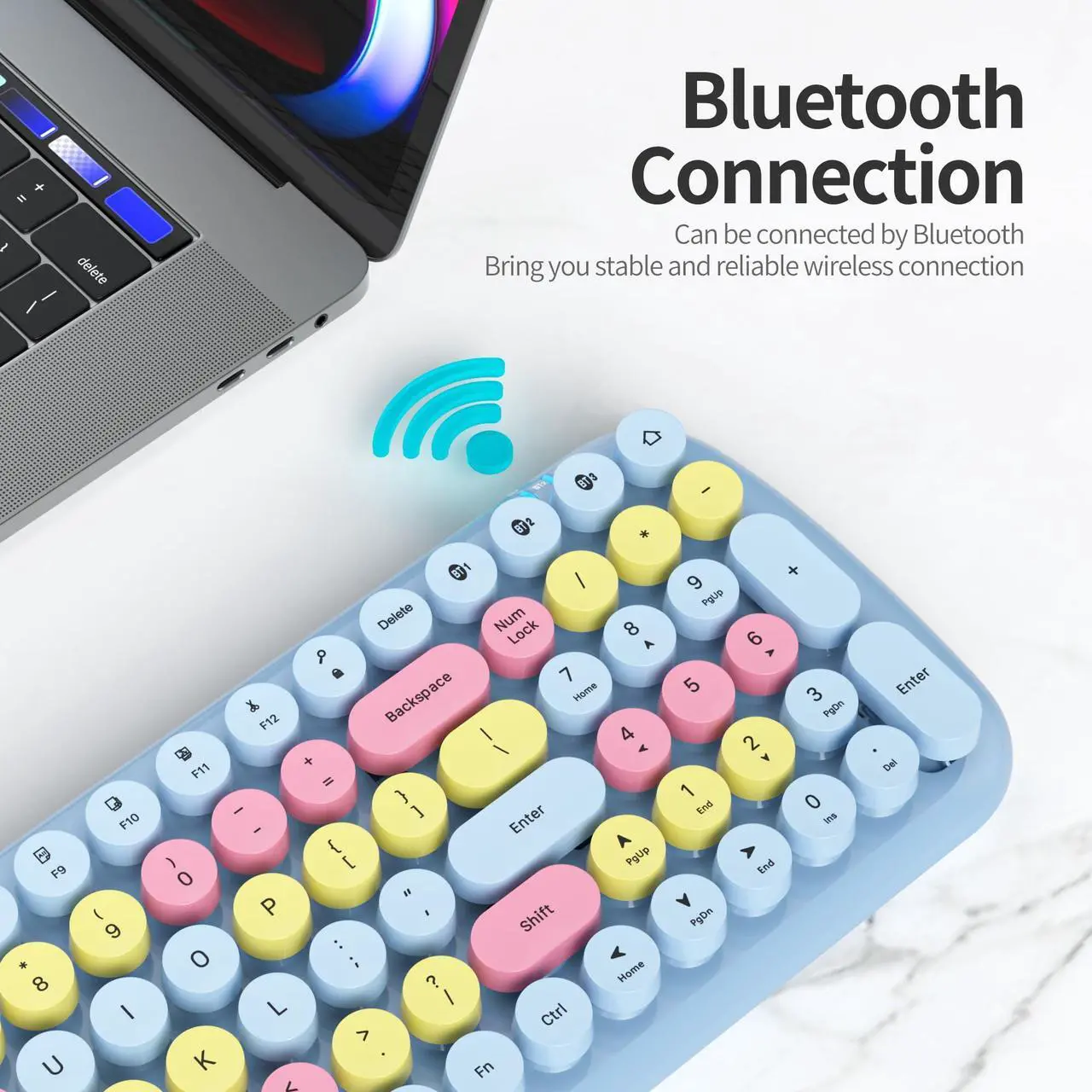 Alt view image 2 of 5 - Mosptnspg Wireless Bluetooth Typewriter Keyboard, 100 Keys Retro Round Keycap Colorful Mechanical Feel Membrane Office Candy Pink Keyboard, for PC/Mac/Laptop/Tablet/Computer Windows (Light Blue)