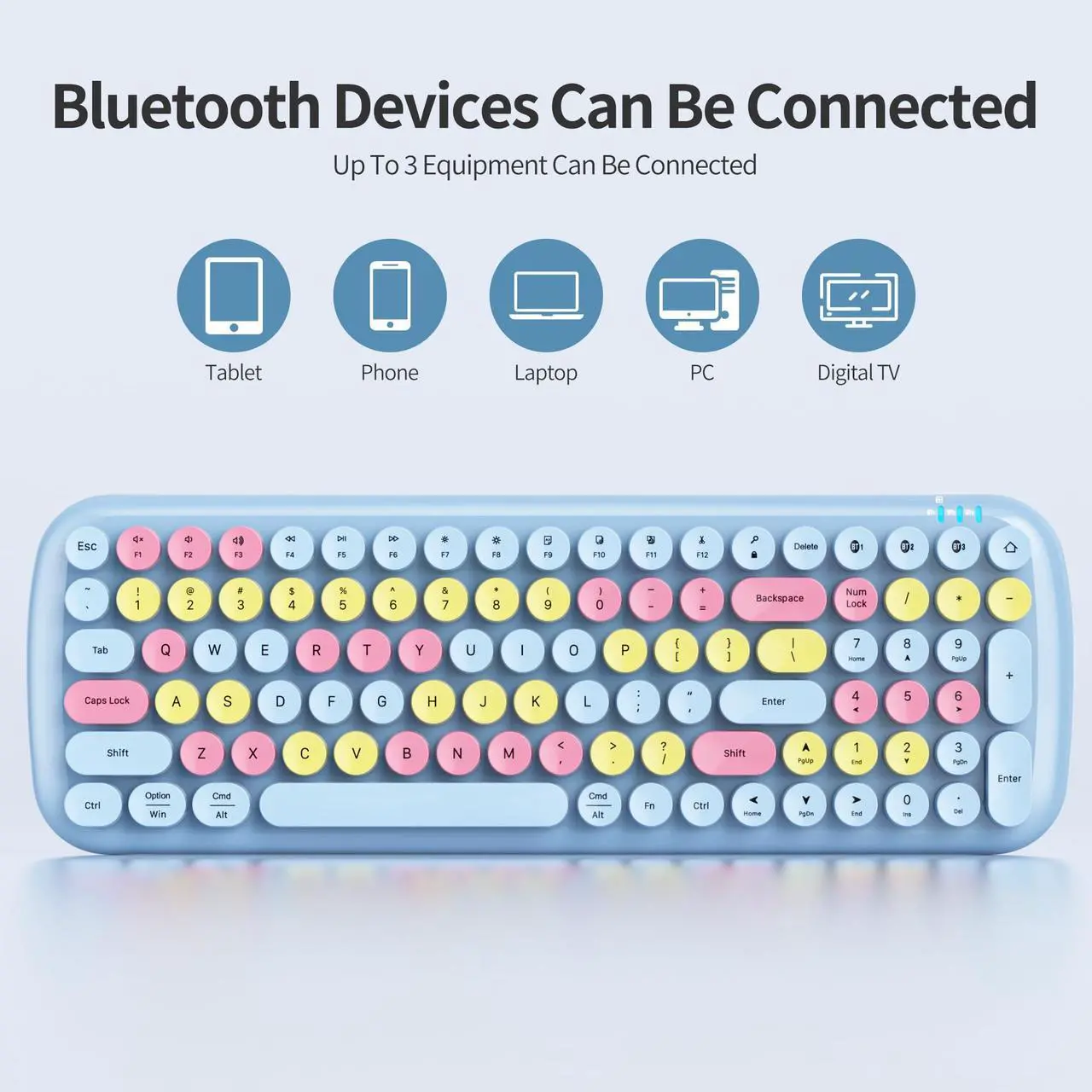 Alt view image 5 of 5 - Mosptnspg Wireless Bluetooth Typewriter Keyboard, 100 Keys Retro Round Keycap Colorful Mechanical Feel Membrane Office Candy Pink Keyboard, for PC/Mac/Laptop/Tablet/Computer Windows (Light Blue)