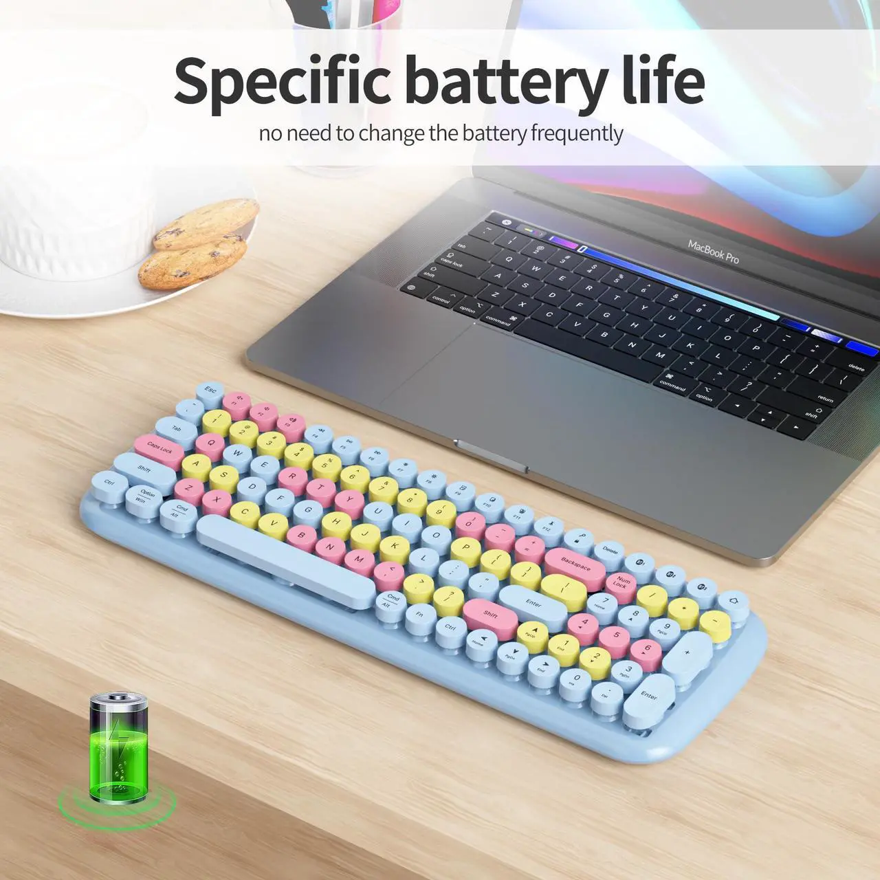 Alt view image 4 of 5 - Mosptnspg Wireless Bluetooth Typewriter Keyboard, 100 Keys Retro Round Keycap Colorful Mechanical Feel Membrane Office Candy Pink Keyboard, for PC/Mac/Laptop/Tablet/Computer Windows (Light Blue)