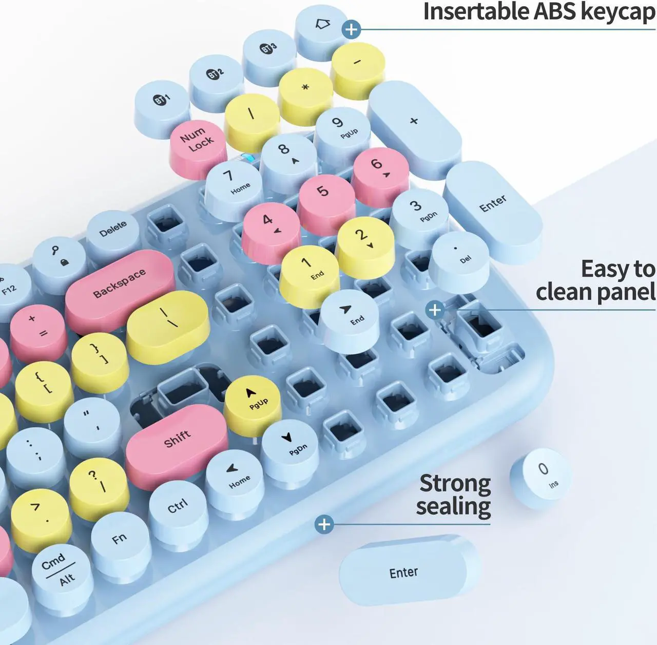 Alt view image 3 of 5 - Mosptnspg Wireless Bluetooth Typewriter Keyboard, 100 Keys Retro Round Keycap Colorful Mechanical Feel Membrane Office Candy Pink Keyboard, for PC/Mac/Laptop/Tablet/Computer Windows (Light Blue)