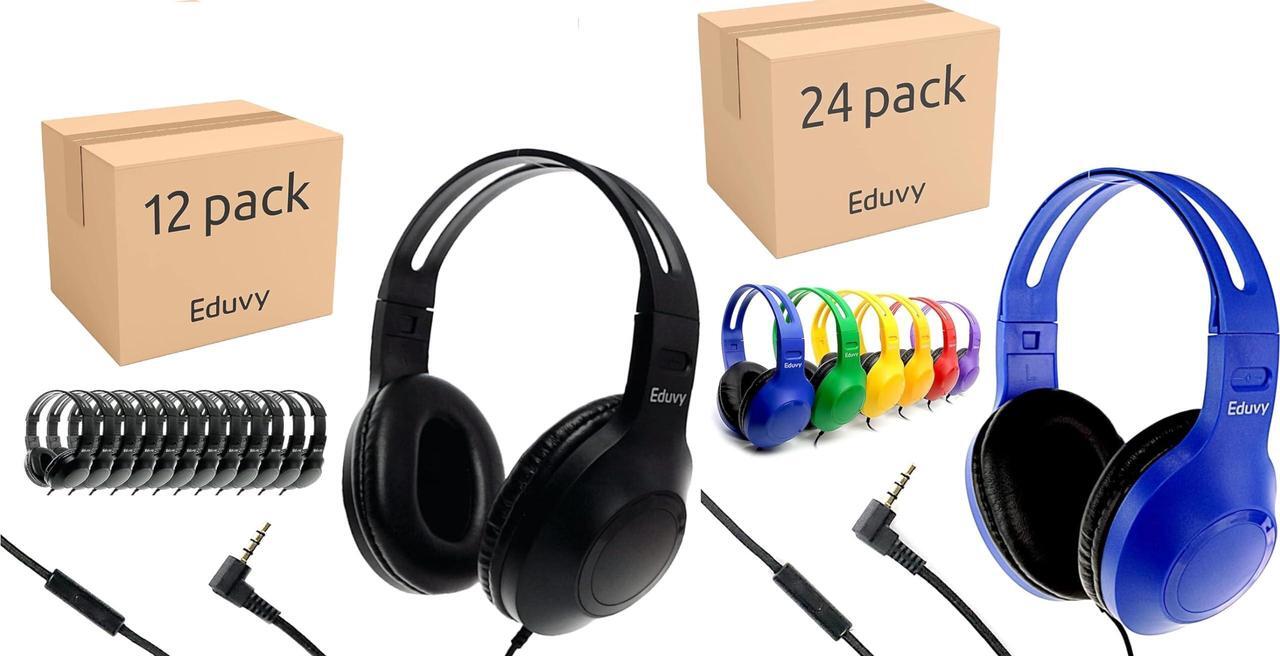 Main image of 36 Pack Bundle Headphones for Classroom, Pack of 24 Wired Mixed Color Headphones and Pack of 12 Black Color School Headphones With Microphones for Elementary to College Students (36 Headphones Bundle)