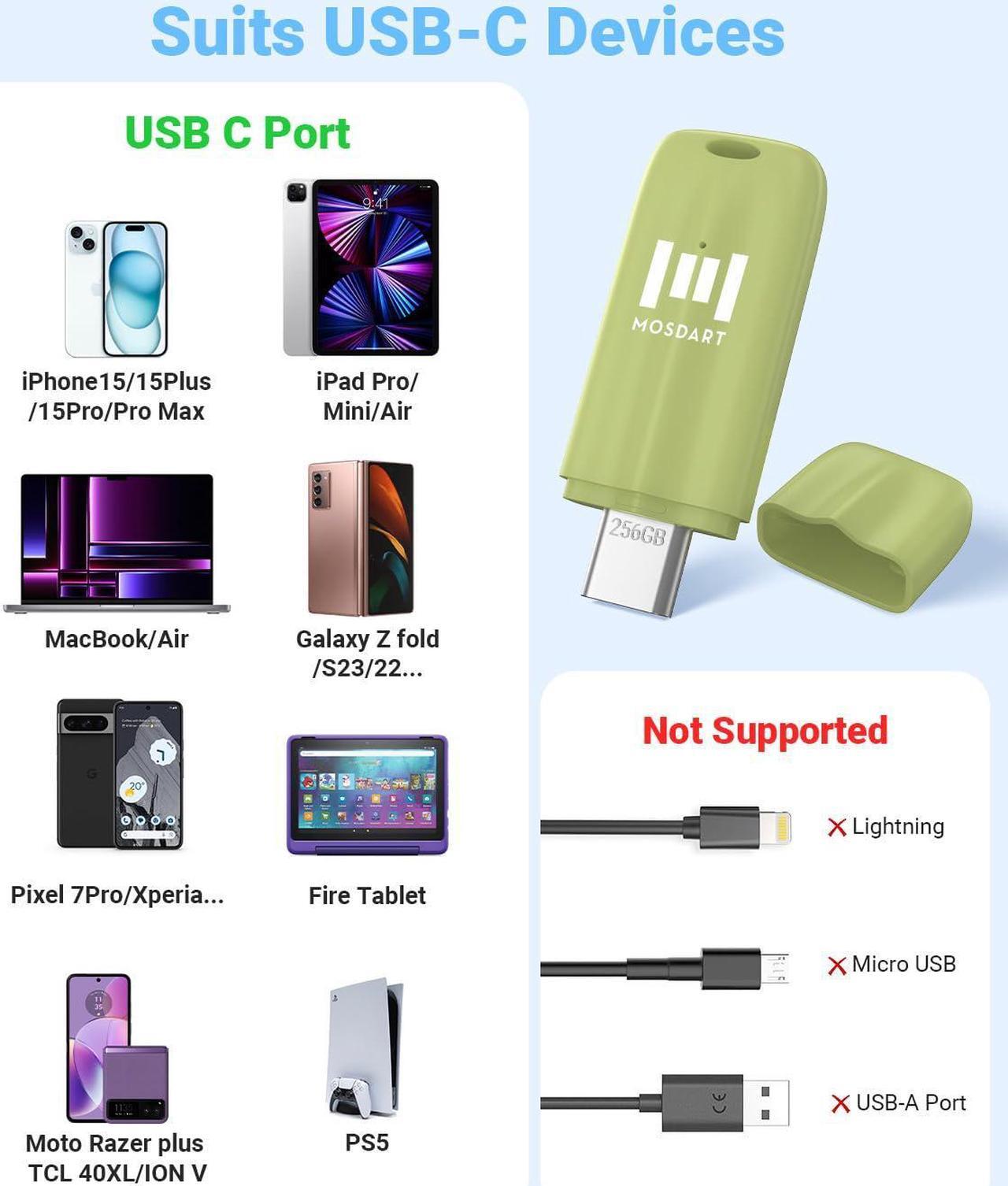Alt view image 4 of 5 - MOSDART 256GB Fast USB C Flash Drive - OTG USB 3.1 Type-C Thumb Drive Memory Stick for USB-C Android Phones, iPhone 15, MacBook, iPad, Windows Laptop with USB C port, Green